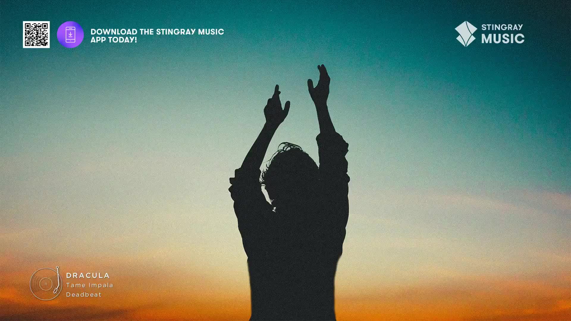 A person with arms raised stands silhouetted against a vibrant sunset sky. The Stingray Music logo is visible in the upper right, and song details appear in the lower left.