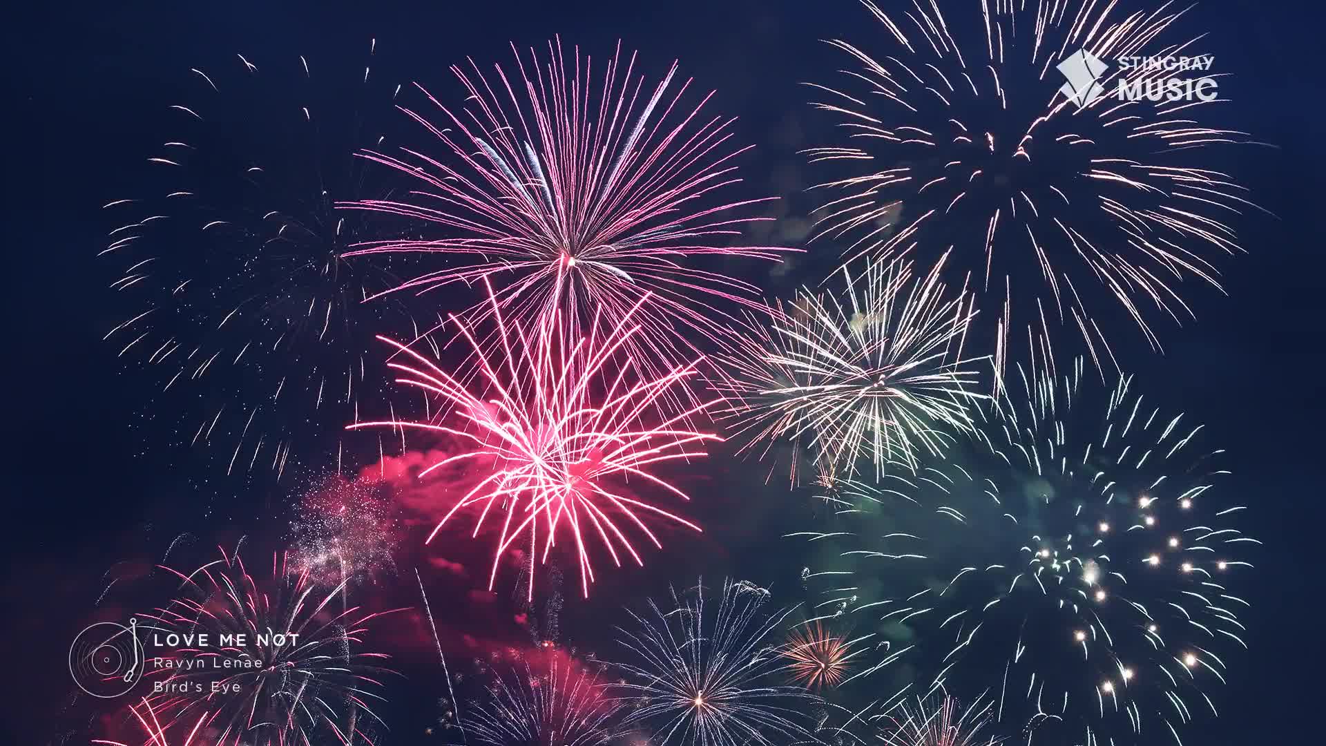 Pink and white fireworks burst against the dark Canadian sky. A few green sparks drift down as the Stingray Pop Adult music plays.