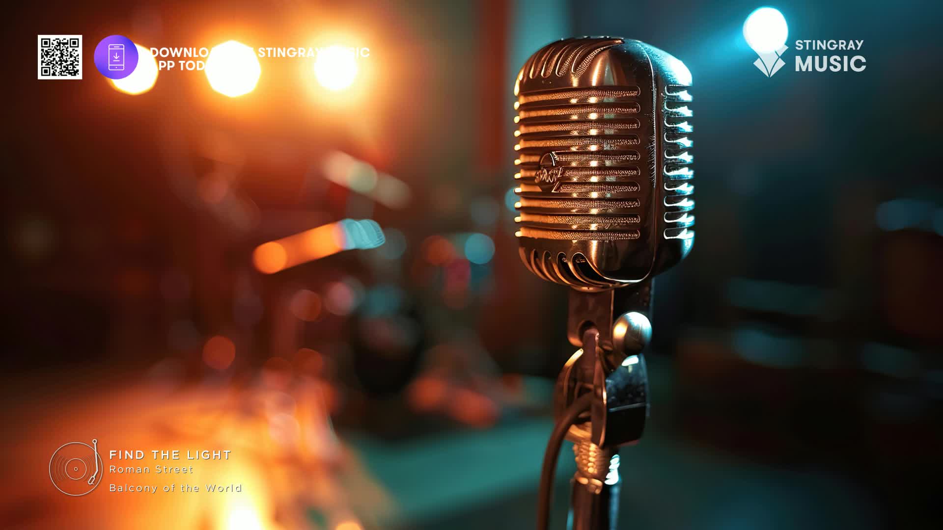 A vintage microphone stands center stage, its chrome gleaming under the warm glow of the lights. The Stingray Music logo is visible, promising a night of smooth jazz from Canada.
