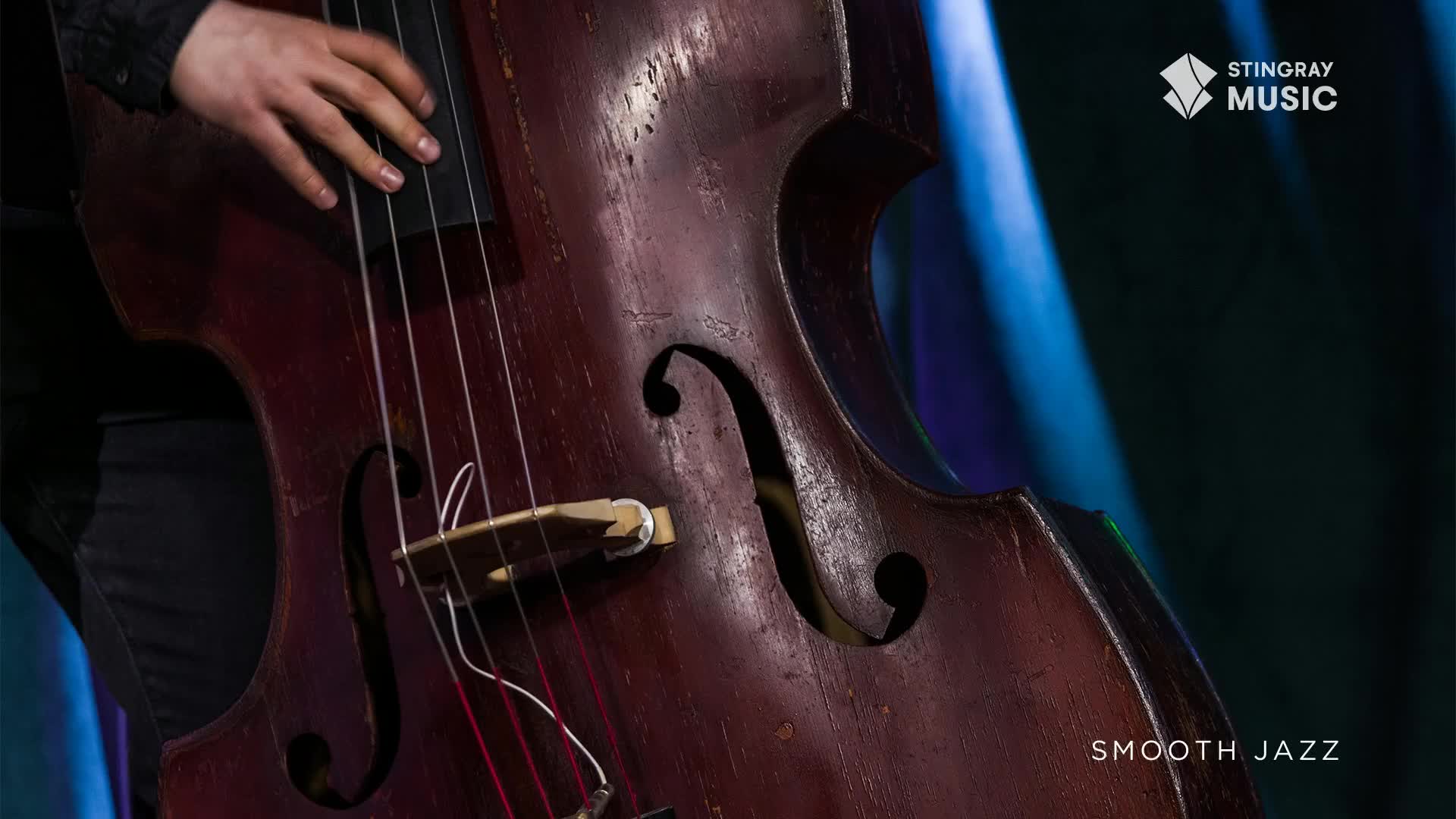 The musician's hand glides across the strings of the upright bass, a rich, resonant sound filling the air. The instrument, bathed in a soft blue light, is the centerpiece of a Stingray Smooth Jazz performance.
