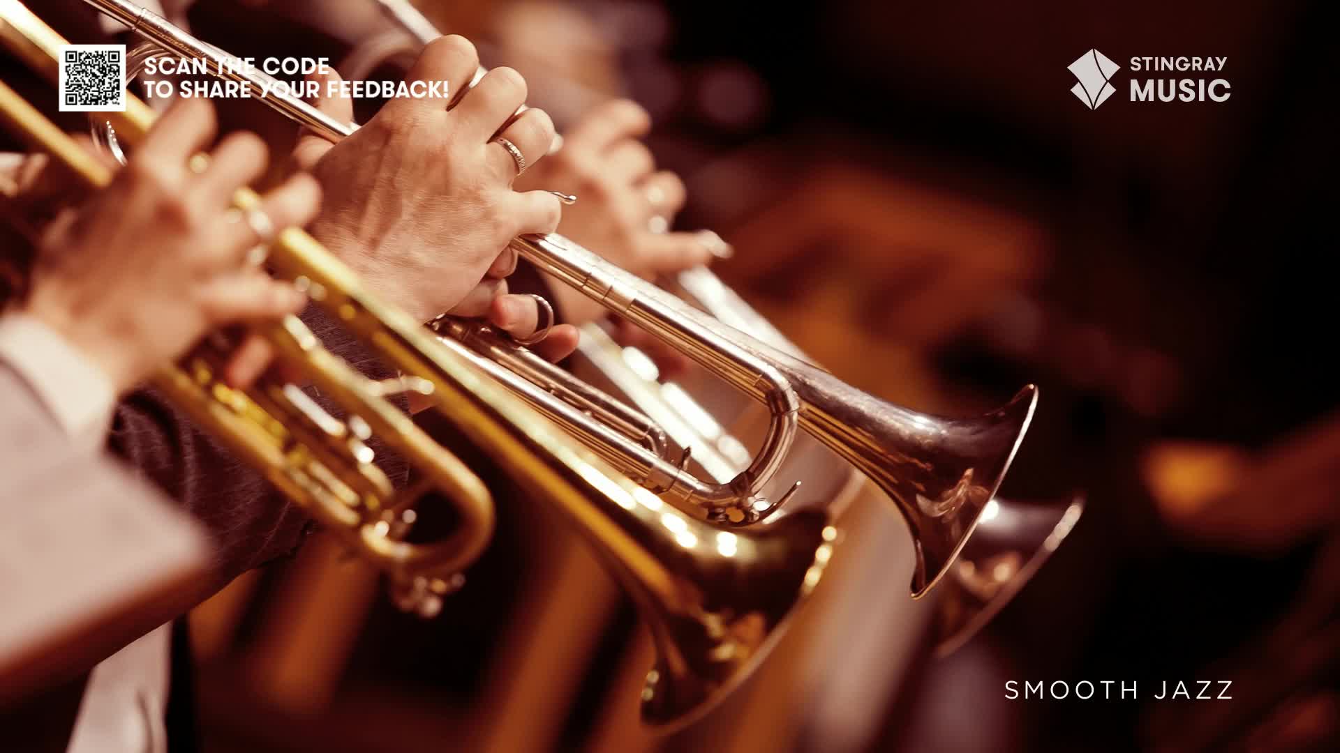 Polished brass trumpets are angled towards the audience, held by hands wearing rings. The instruments are ready to play, part of a Stingray Smooth Jazz performance in Canada.

