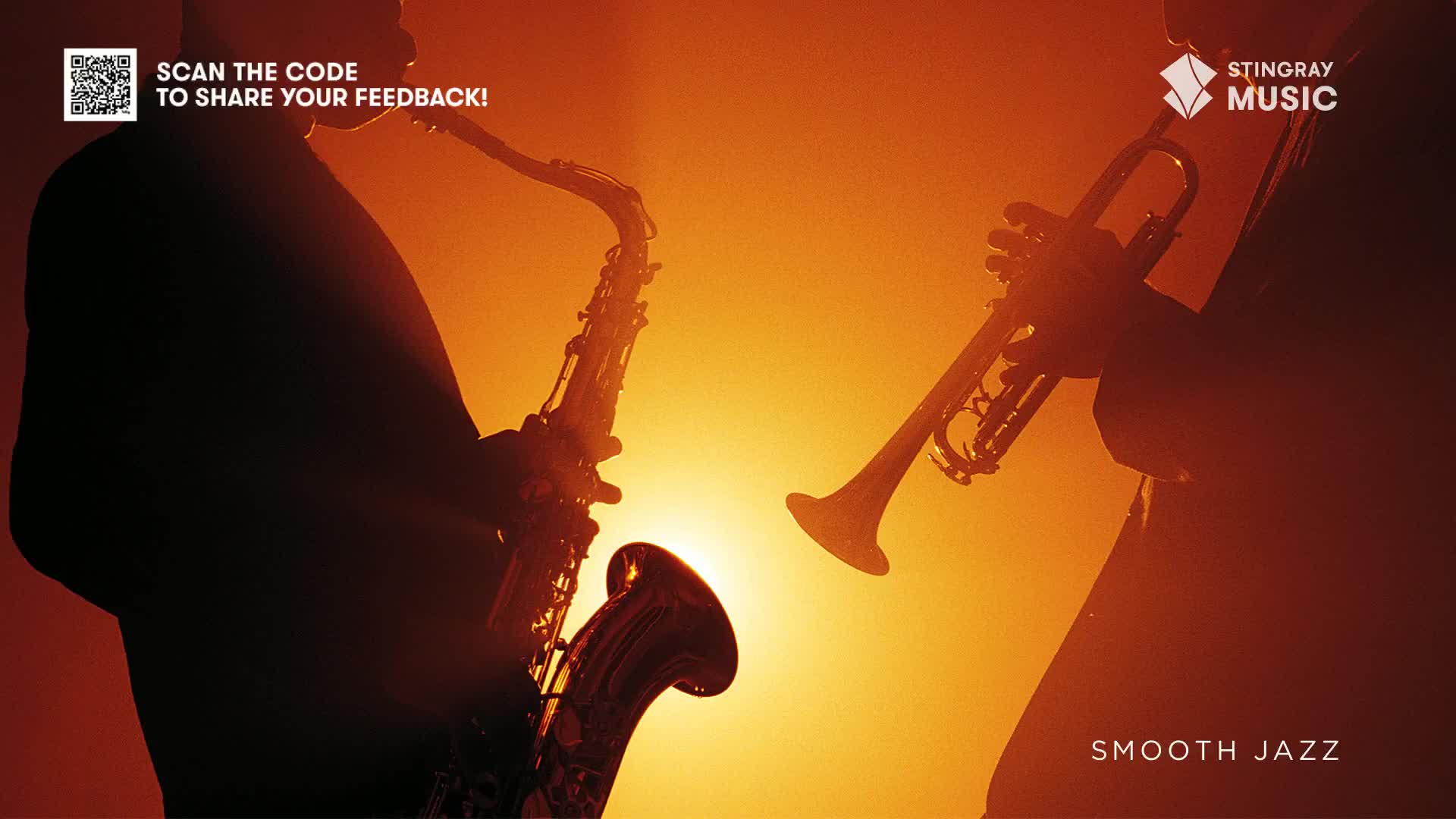 Silhouetted musicians, bathed in warm light, hold their instruments aloft. A saxophone and trumpet are poised, ready to fill the air with the smooth sounds of Stingray Smooth Jazz.

