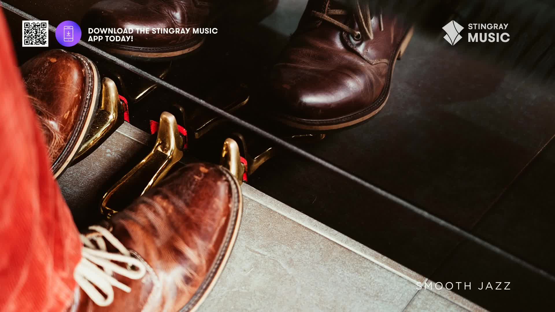 Brown leather shoes press down on the piano pedals, their gold accents catching the light. The scene feels intimate, like a moment captured during a Stingray Smooth Jazz performance.
