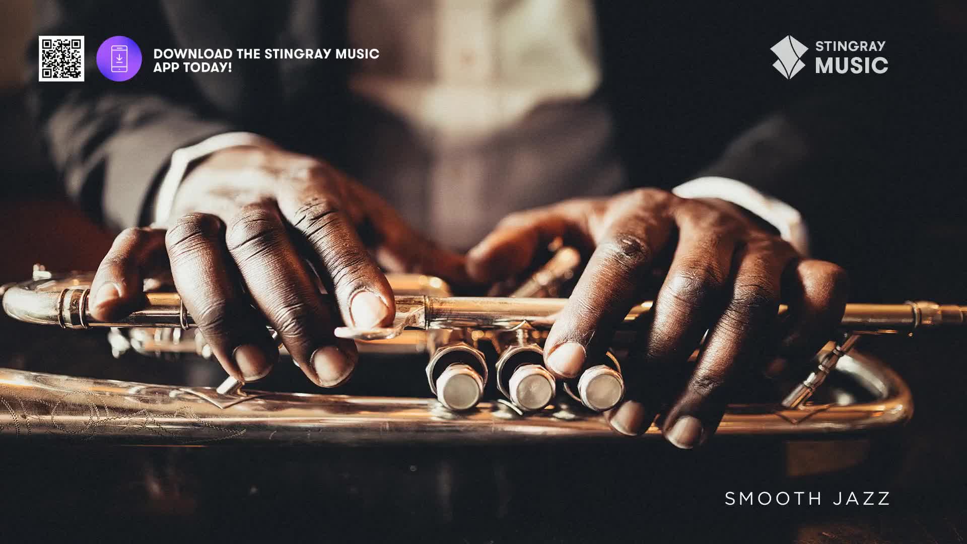 Dark hands cradle a gleaming trumpet, fingers poised over the valves. The scene is intimate, promising the mellow sounds of Stingray Smooth Jazz.
