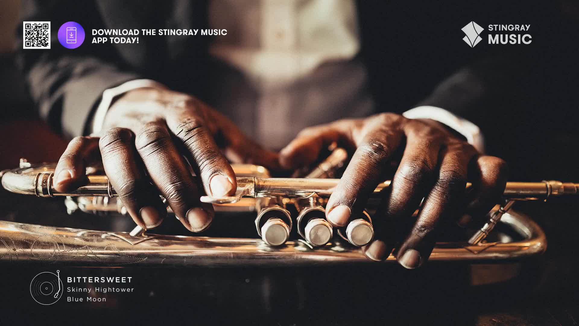 Fingers dance across the valves of a trumpet, ready to play "Bittersweet" by Skinny Hightower. This smooth jazz track is available on Stingray Music, a Canadian service.