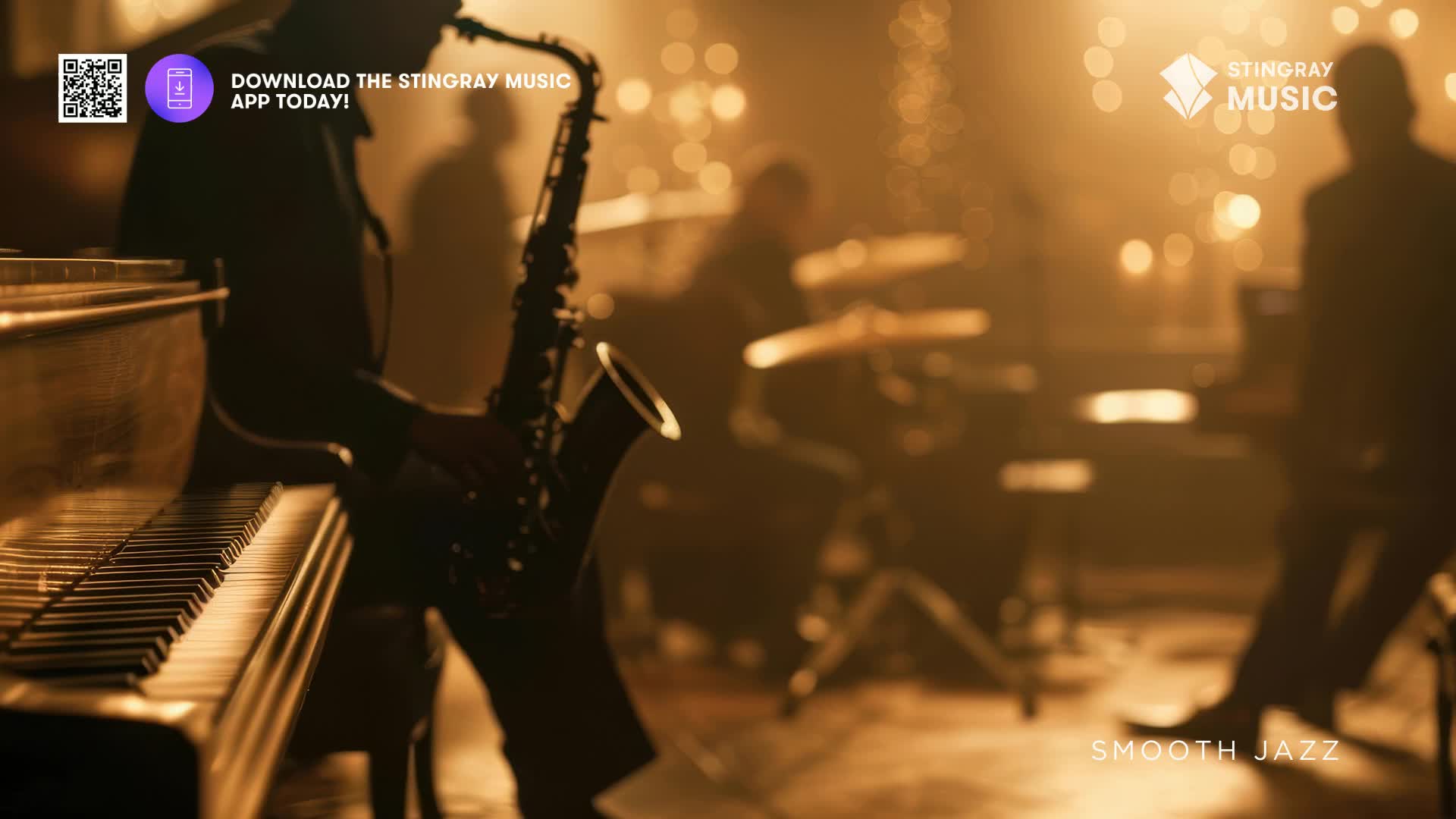 A saxophonist plays a solo, silhouetted against warm stage lights. The smooth jazz band is set up on stage, ready for their performance.
