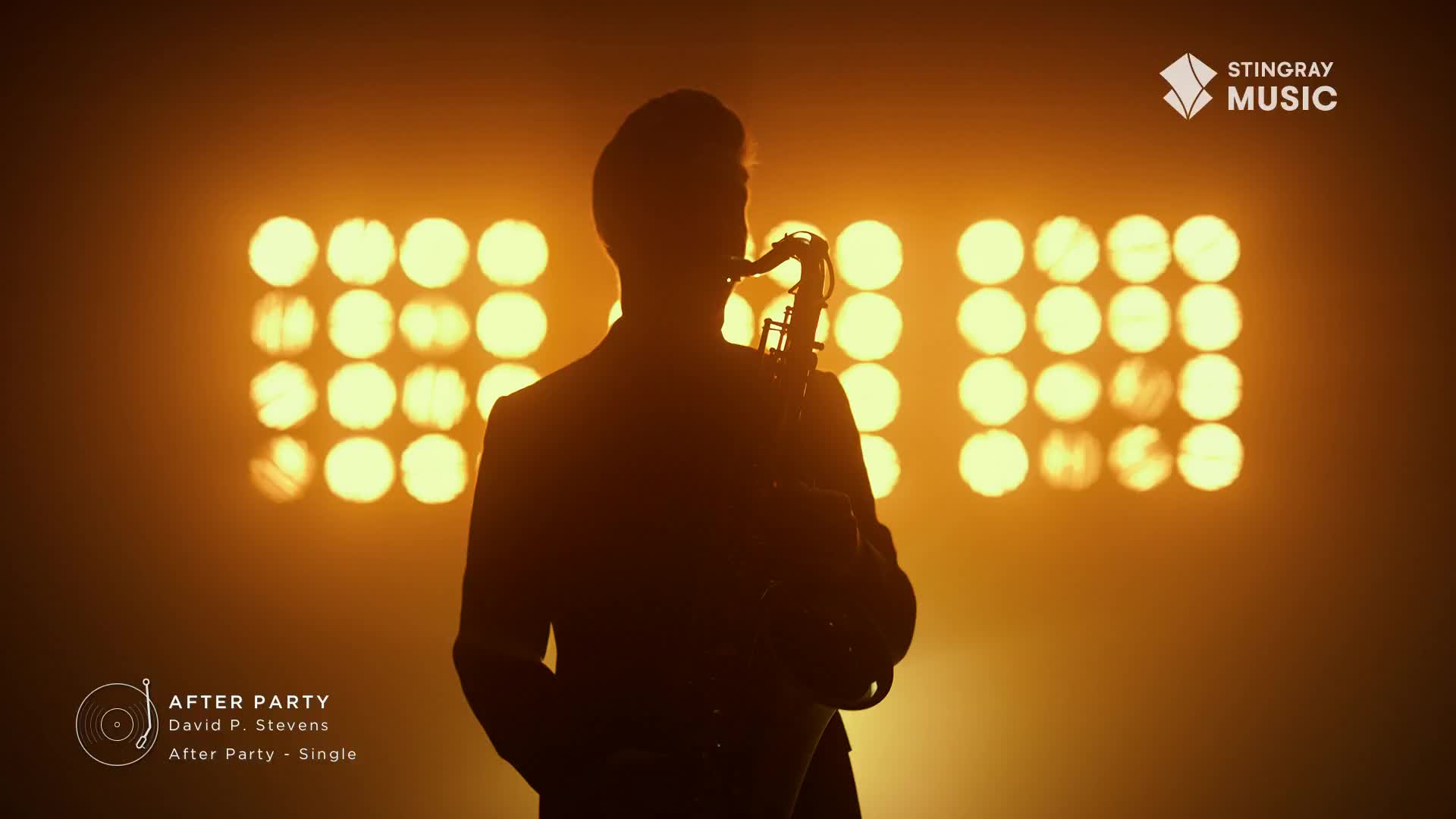 A lone saxophonist stands silhouetted against a wall of warm, glowing lights. The smooth jazz track "After Party" by David P. Stevens is playing, filling the air.