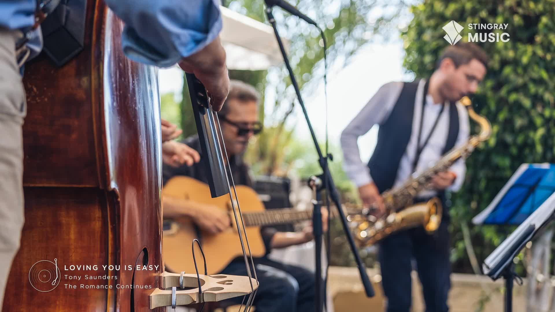 A saxophonist in a vest plays a golden instrument, while a guitarist with sunglasses strums his acoustic. The upright bass player's fingers move along the strings, providing a deep rhythm to the smooth jazz tune.