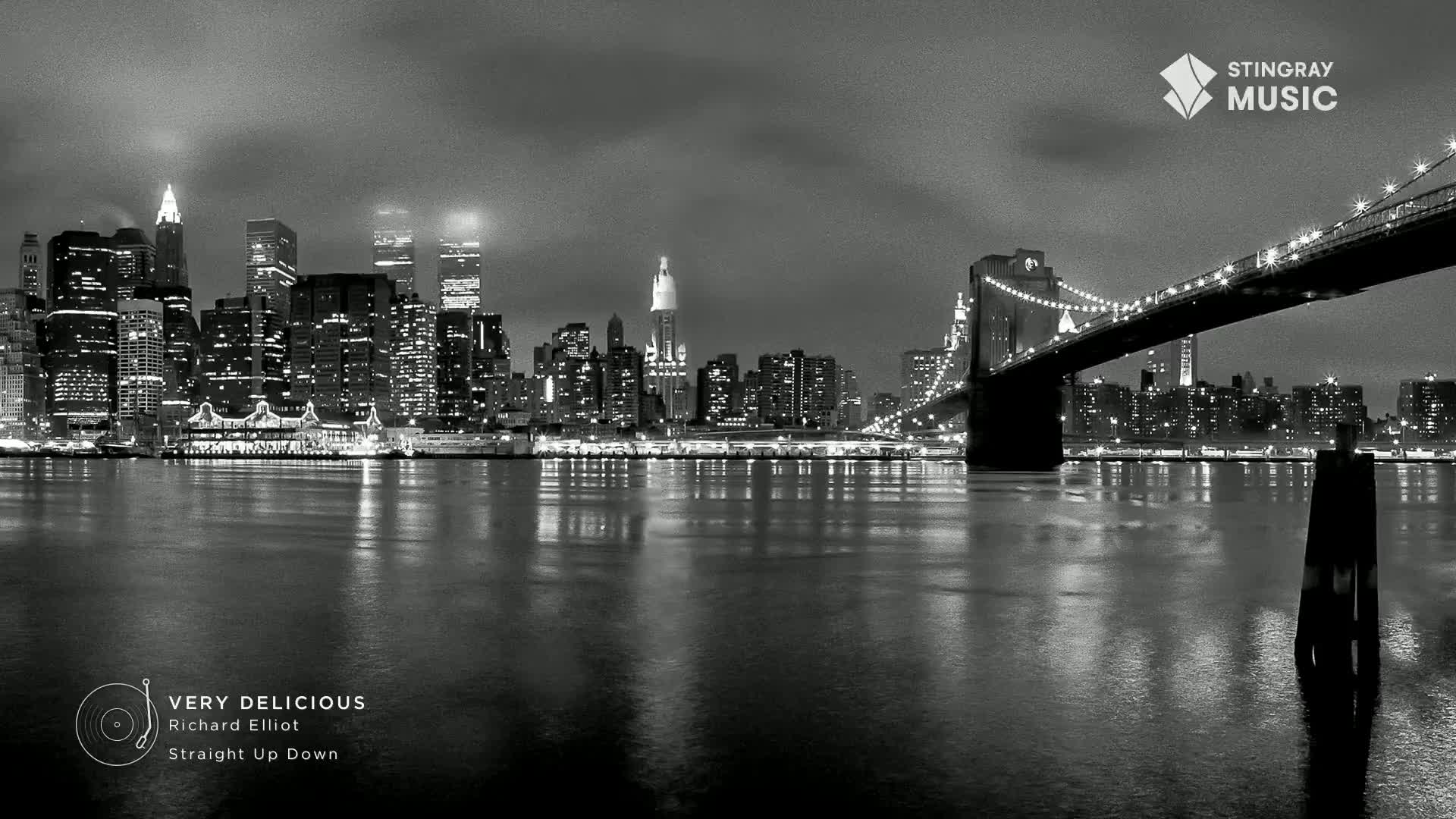 The lights of the New York City skyline twinkle across the water. A grand bridge, strung with lights, arches over the dark expanse. The lights of the New York City skyline twinkle across the water. A grand bridge, strung with lights, arches over the dark expanse.