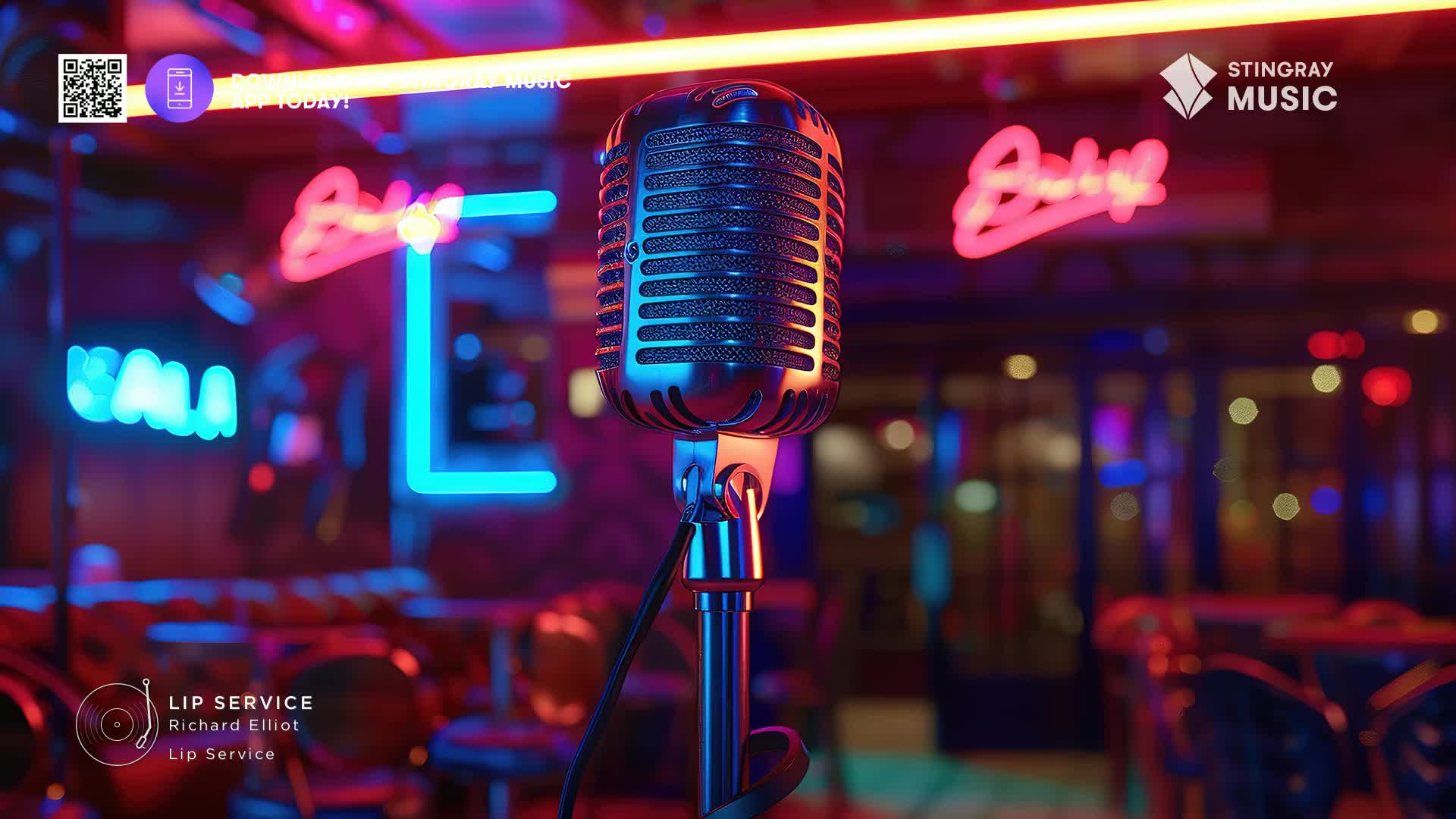 The stage is set with a vintage microphone, bathed in the glow of neon signs that spell out "KALA" and "Stingray Music." The air hums with anticipation, hinting at the smooth jazz performance to come. The stage is set with a vintage microphone, bathed in the glow of neon signs that spell out "KALA" and "Stingray Music." The air hums with anticipation, hinting at the smooth jazz performance to come.