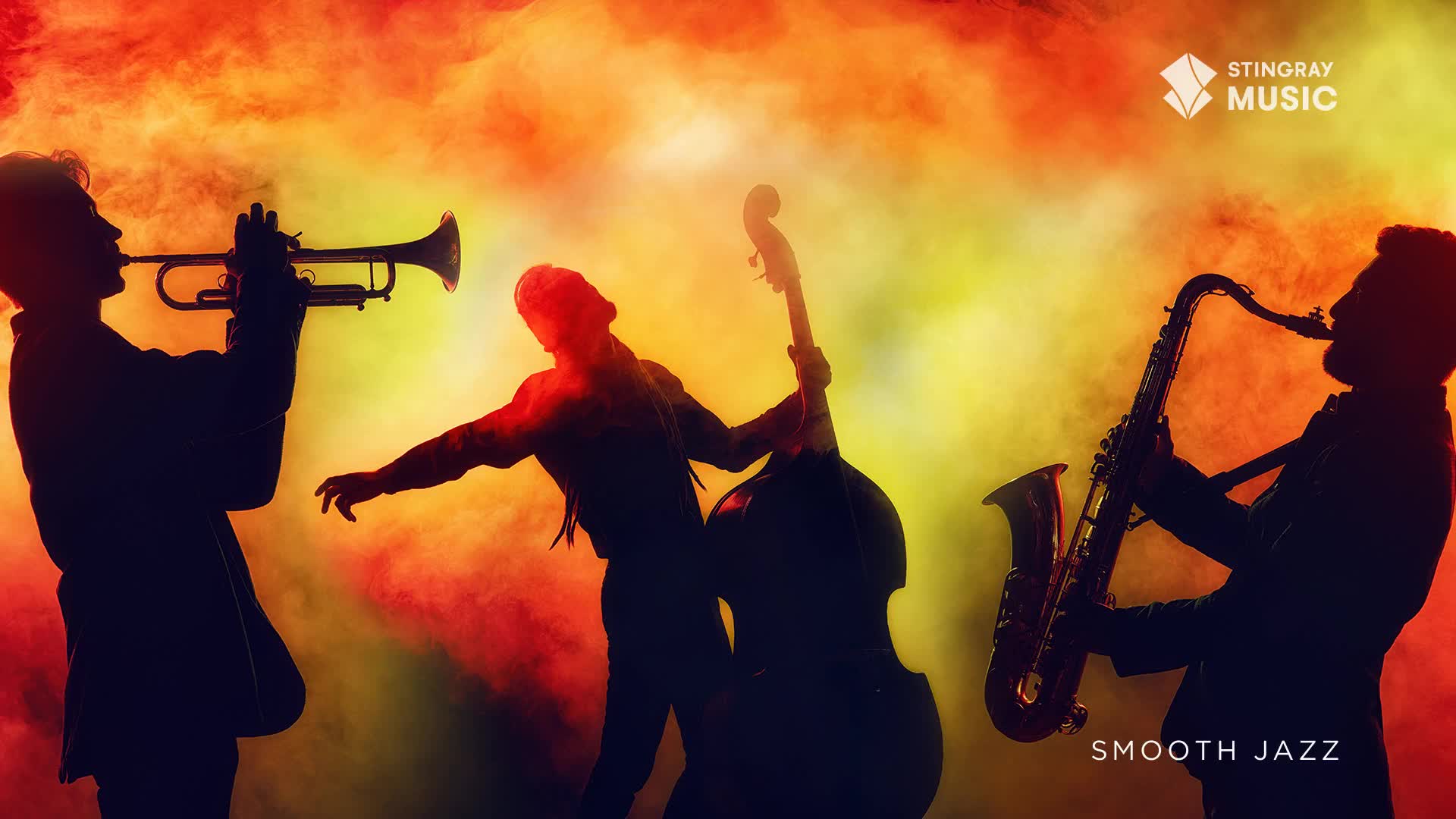 A trumpeter stands to the left, silhouetted against a smoky, colourful backdrop. A bassist leans into his instrument, while a saxophonist plays to the right, all bathed in warm light.