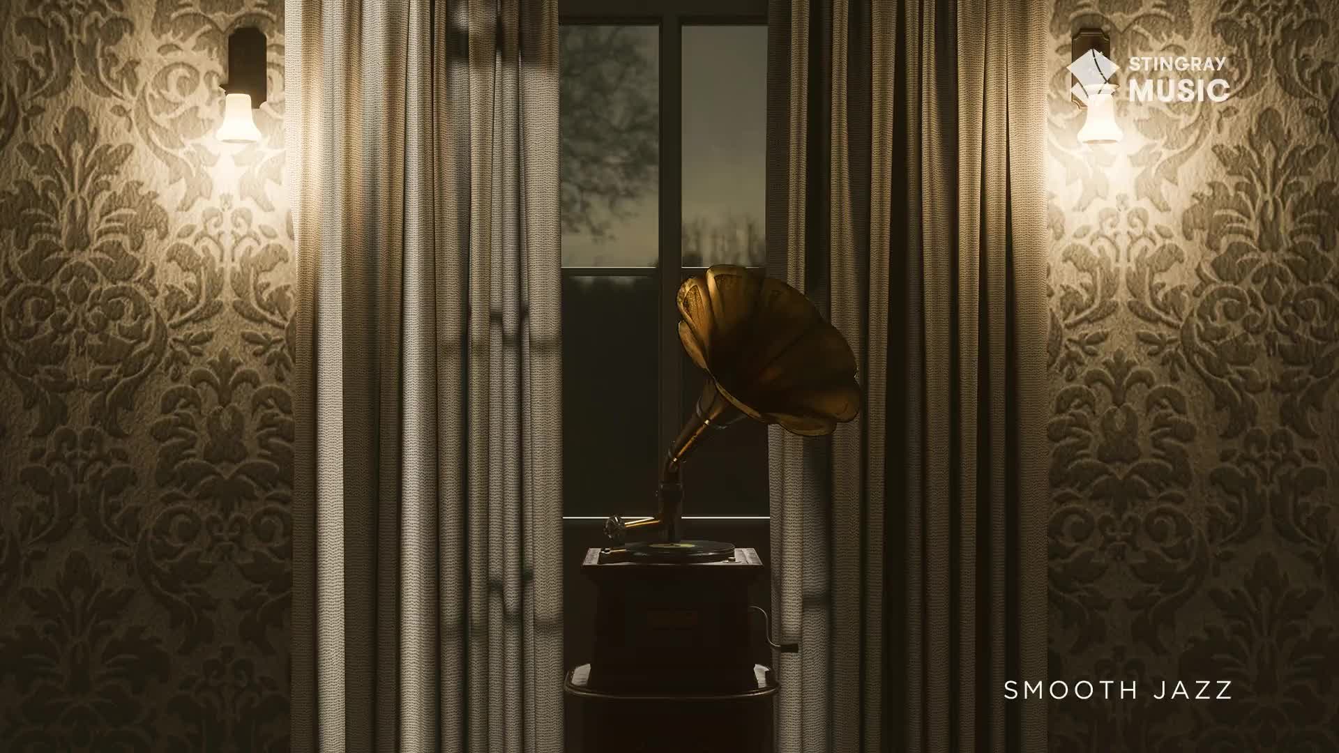 A vintage gramophone sits by the window, its brass horn catching the light. Outside, the trees are silhouetted against the fading sky, a quiet scene in Canada.