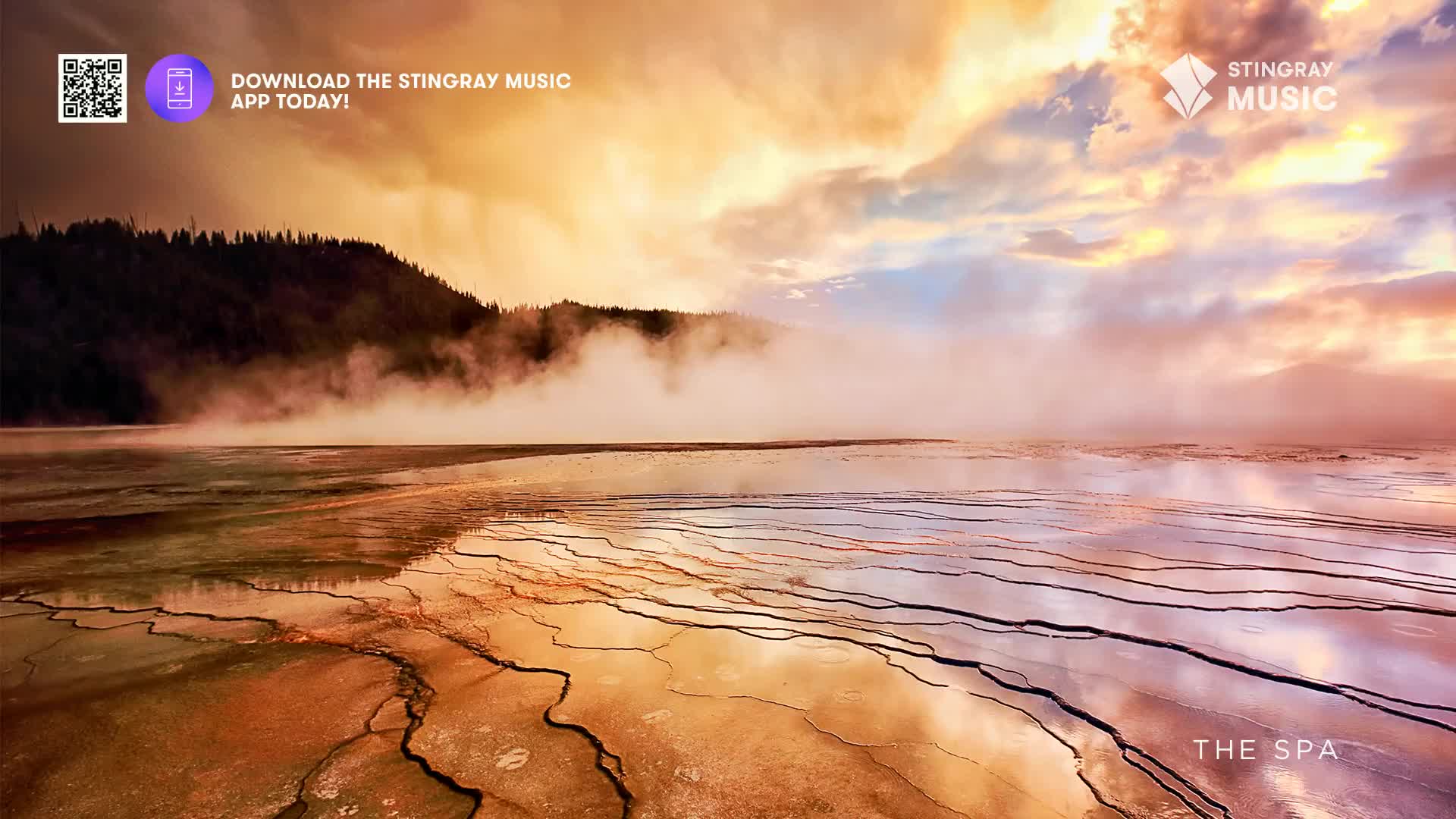 Mist rises from the warm, colorful water, partially obscuring the far shore and the sky's changing hues. The Stingray The Spa image evokes a sense of calm with its serene landscape.
