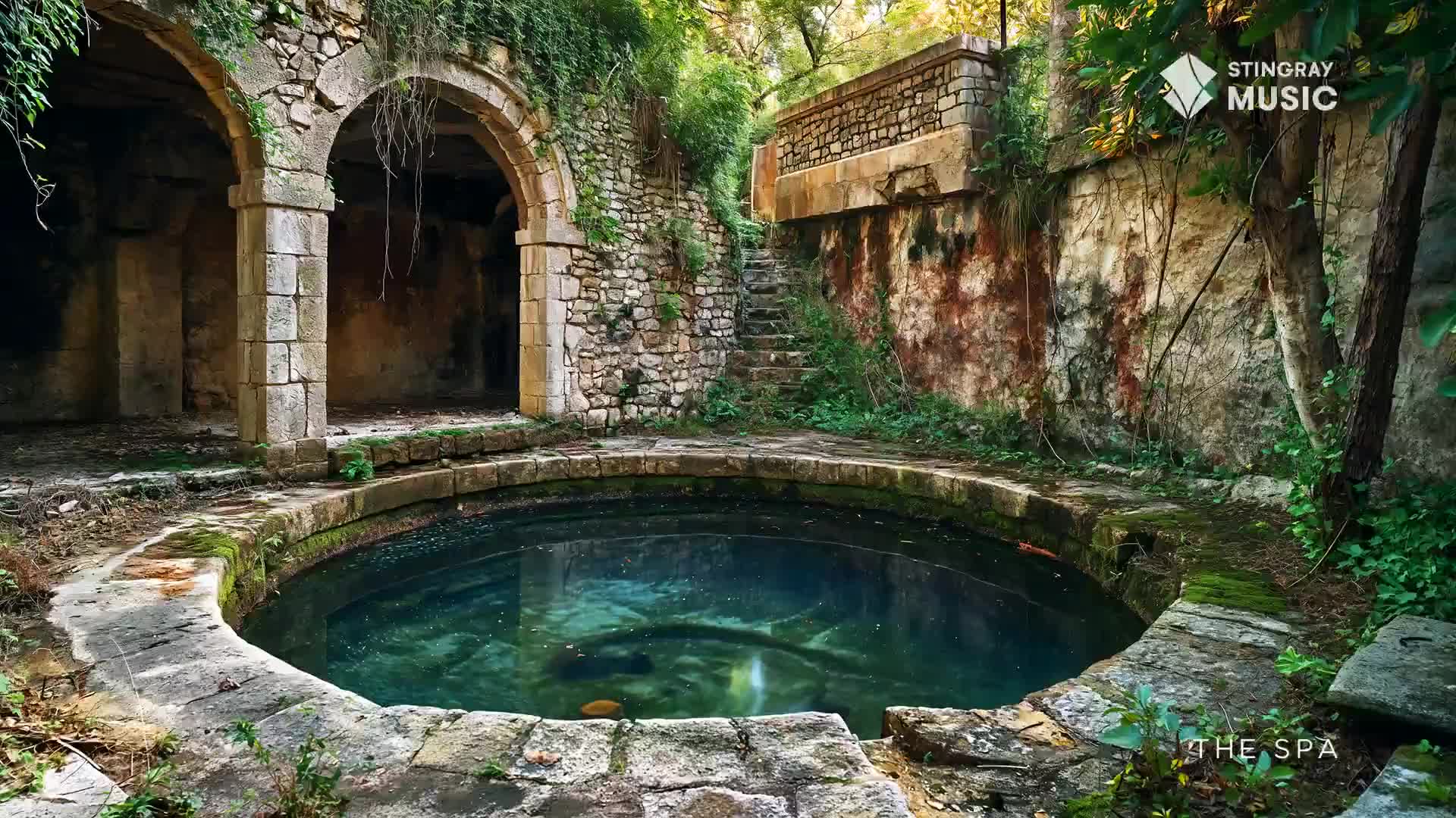 The clear water of the circular pool reflects the stone arches and overgrown foliage. Sunlight filters through the trees, illuminating the moss-covered walls of this secluded spa.

