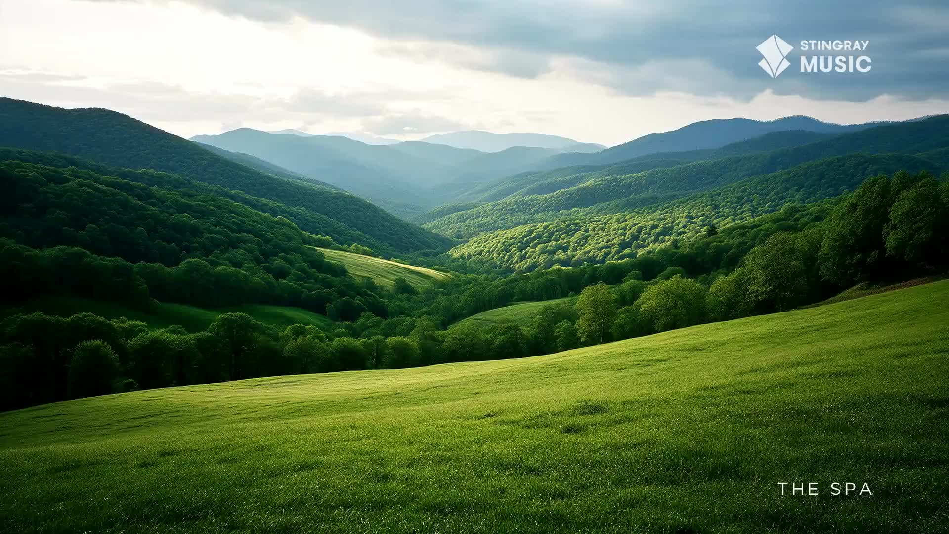 Sunlight spills across a rolling green meadow in the Canadian countryside, illuminating the dense, tree-covered slopes of the valley beyond. The air feels still and quiet, a perfect setting for a peaceful retreat.
