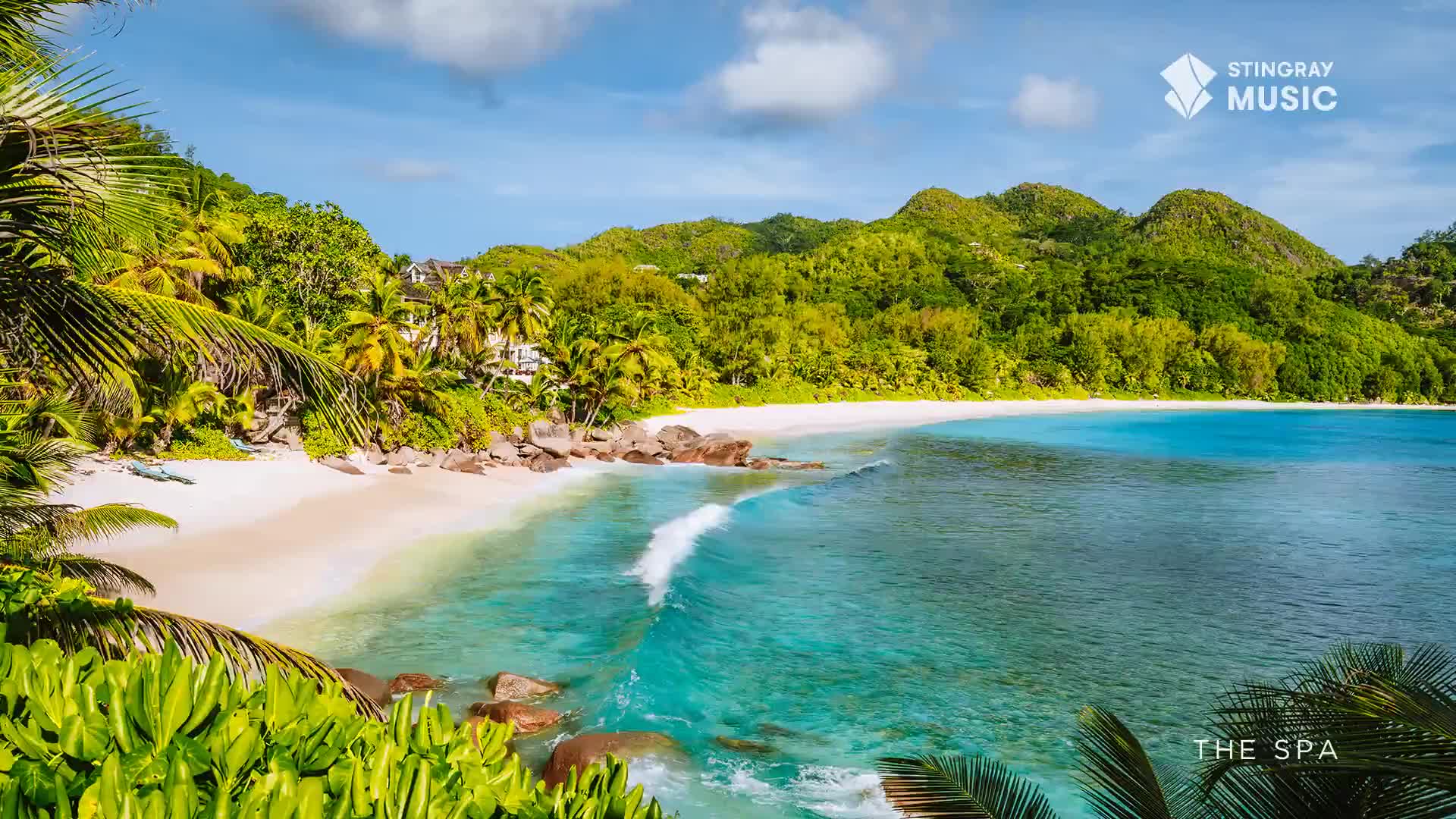 A gentle wave curls onto a pristine white sand beach, framed by lush green palm trees and a backdrop of verdant hills. The clear turquoise water laps the shore, inviting a sense of calm.