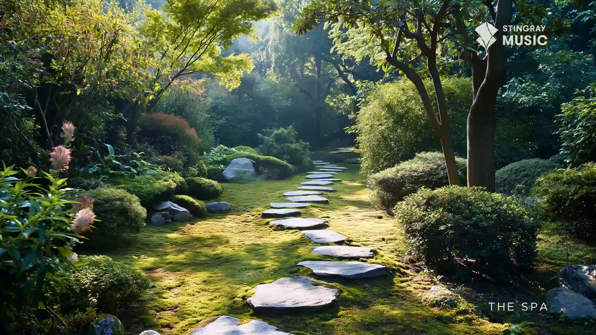 Sunlight filters through the trees, illuminating a winding path of flat stones. Lush green moss and carefully pruned bushes line the way, creating a serene Japanese garden setting.
