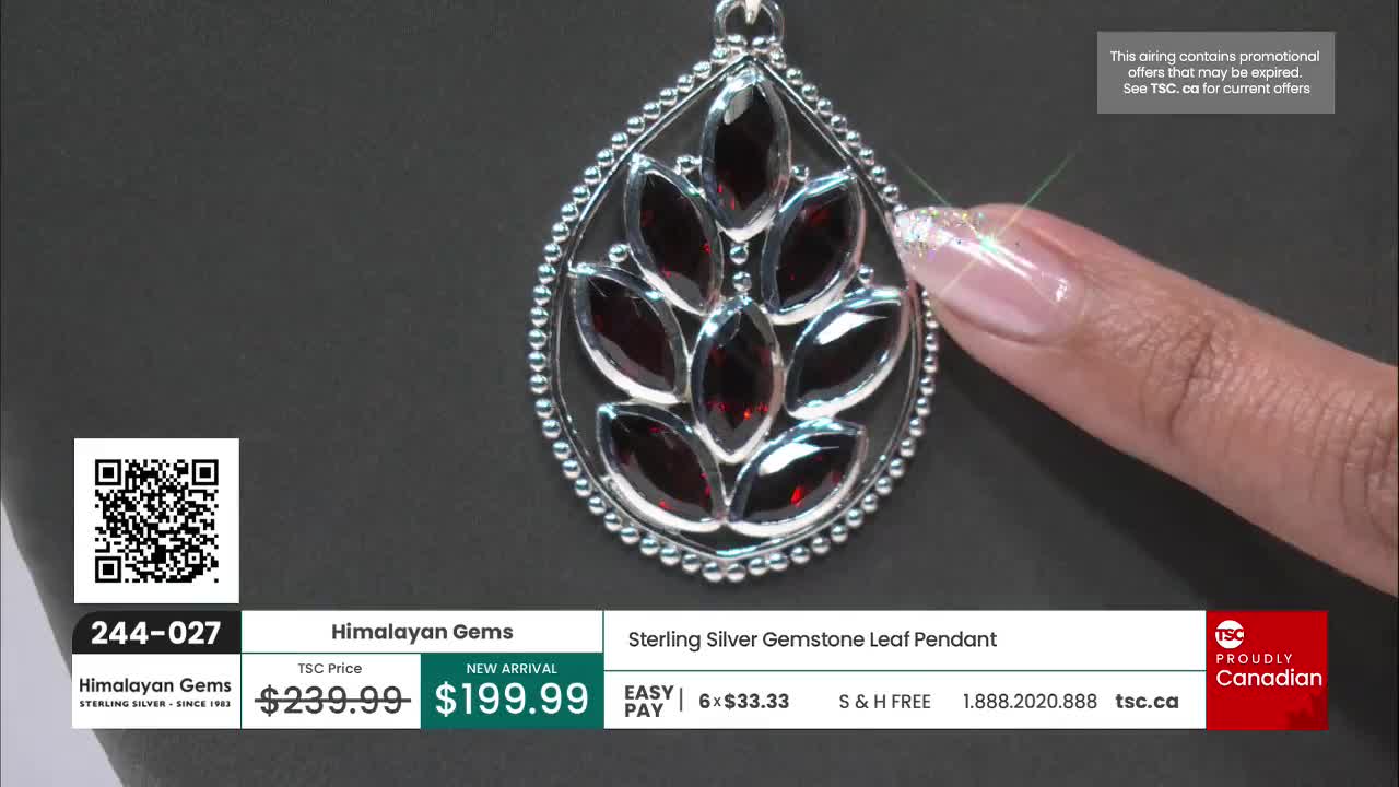 A finger with glittery nails touches the edge of a silver pendant shaped like a leaf, showcasing the gemstones. The TSC price and a "Proudly Canadian" logo are visible in the bottom right corner.
