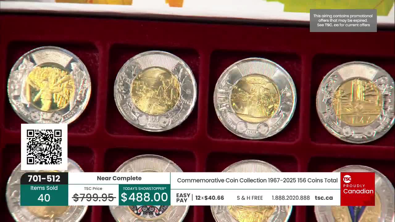 A collection of Canadian commemorative coins sits in a red velvet case. The TSC price is displayed, with a "Today's Showstopper" discount.
