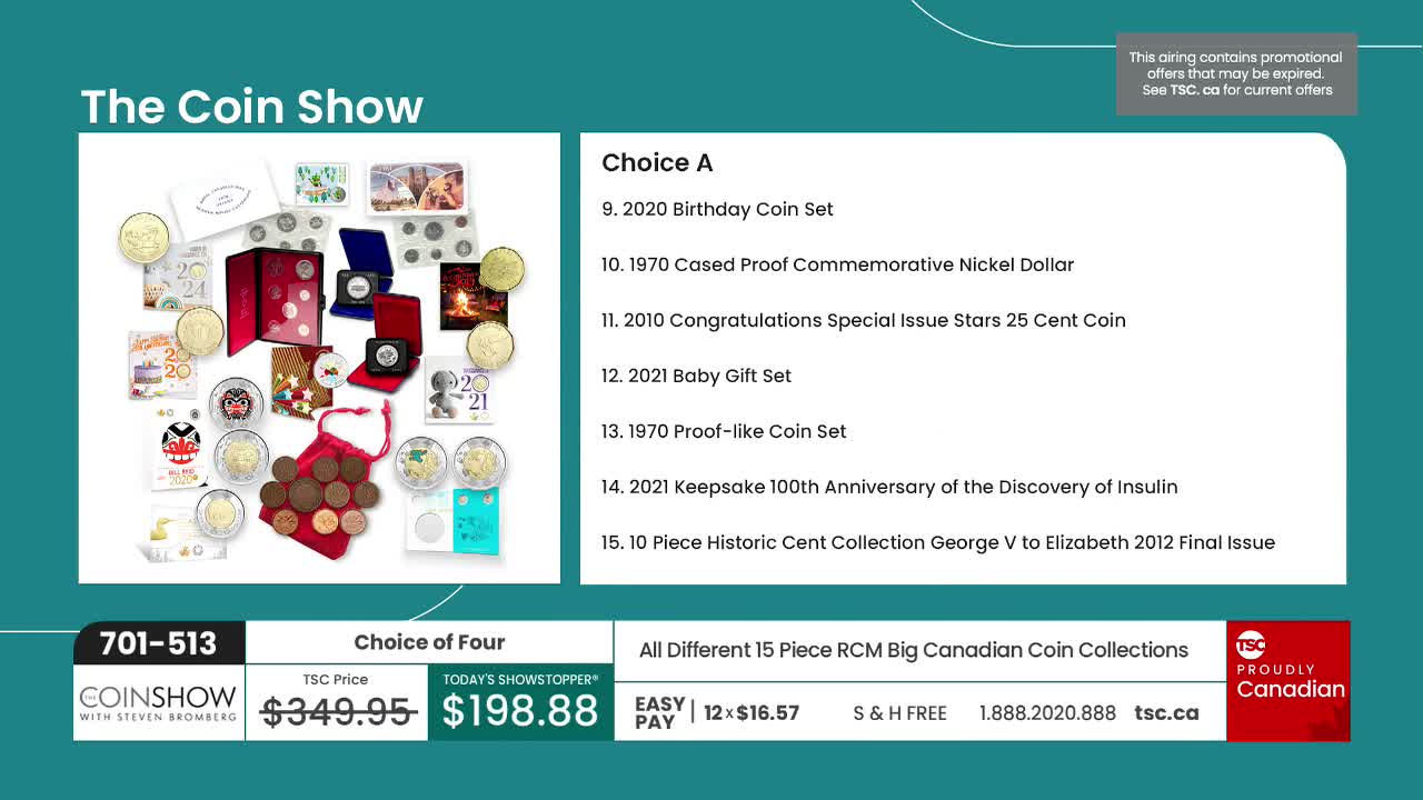 On the screen, a selection of Canadian coins and sets are displayed, including a 1970 nickel dollar and a 2021 baby gift set. The TSC price for a choice of four is listed, with a "showstopper" price of $198.88.

