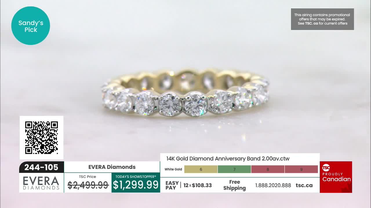 A diamond eternity ring sits centered, reflecting light on a white surface. The screen displays the ring's price and other details, with "TSC" and "Proudly Canadian" branding visible.
