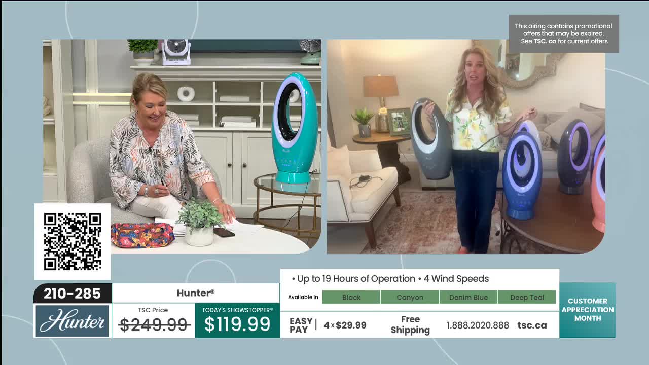 The TSC host is holding up a variety of oval-shaped fans, showing off their different colours. Across the screen, another host gestures towards a teal fan, and a QR code is displayed.
