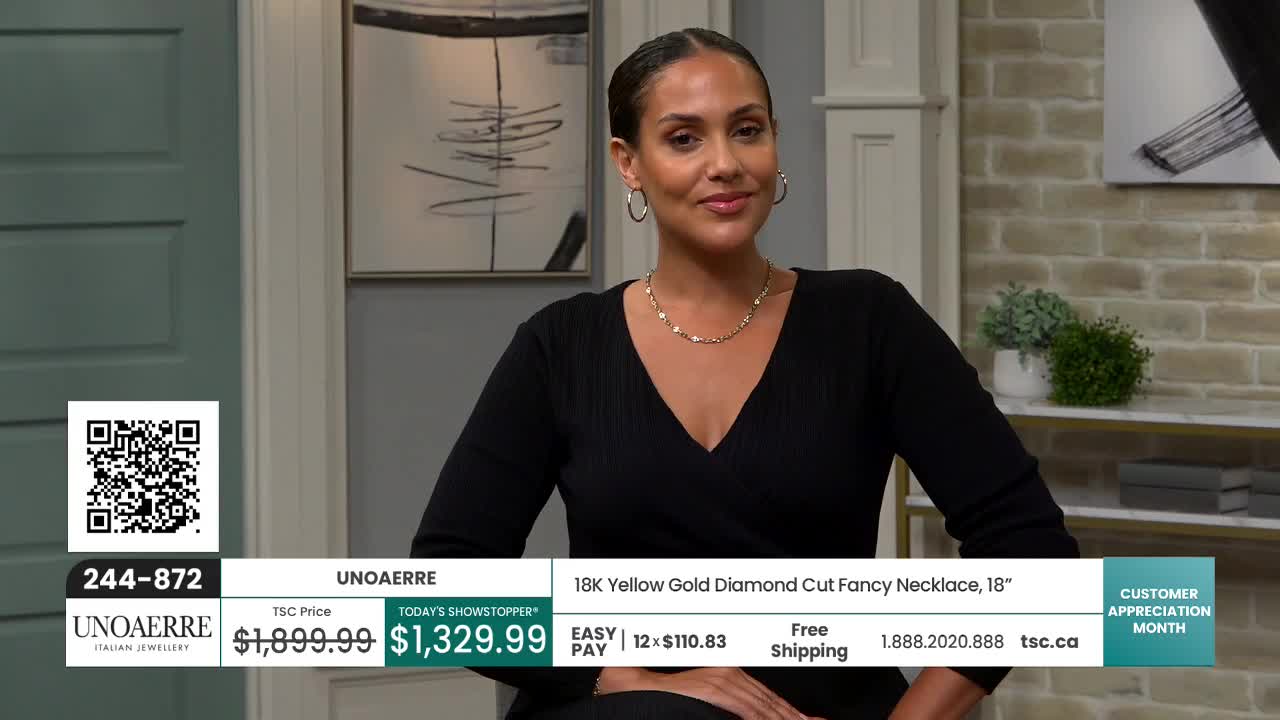 A woman in a black top smiles, showcasing a gold necklace on TSC. Below, the price of the jewelry is displayed, along with a QR code.
