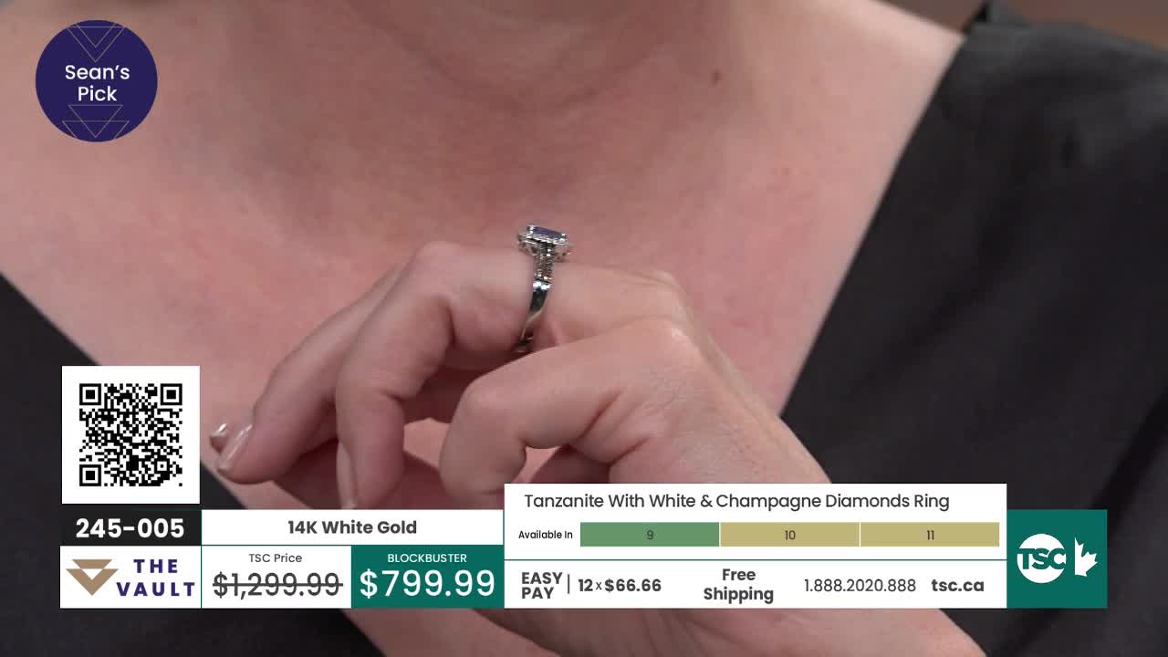 A hand displays a ring with a blue-grey stone, its details highlighted by the overhead lighting. The TSC logo and price information are displayed below, as the host showcases the jewelry.
