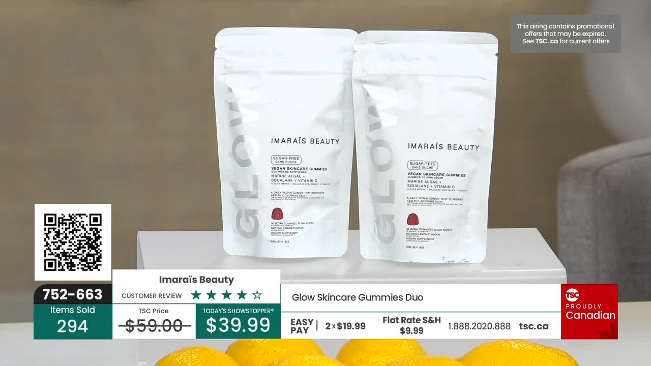 Two white pouches of "Glow" skincare gummies stand on a white surface, the Imaraïs Beauty logo visible. A "Proudly Canadian" logo and a TSC price tag are displayed below the gummies.
