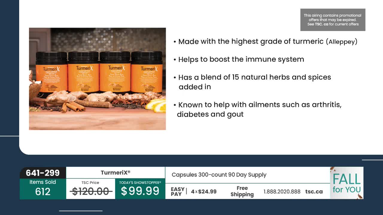 Four orange and black supplement jars are lined up, with spices and herbs scattered in front of them. The screen displays a TSC price drop on the product, now listed as a "showstopper."
