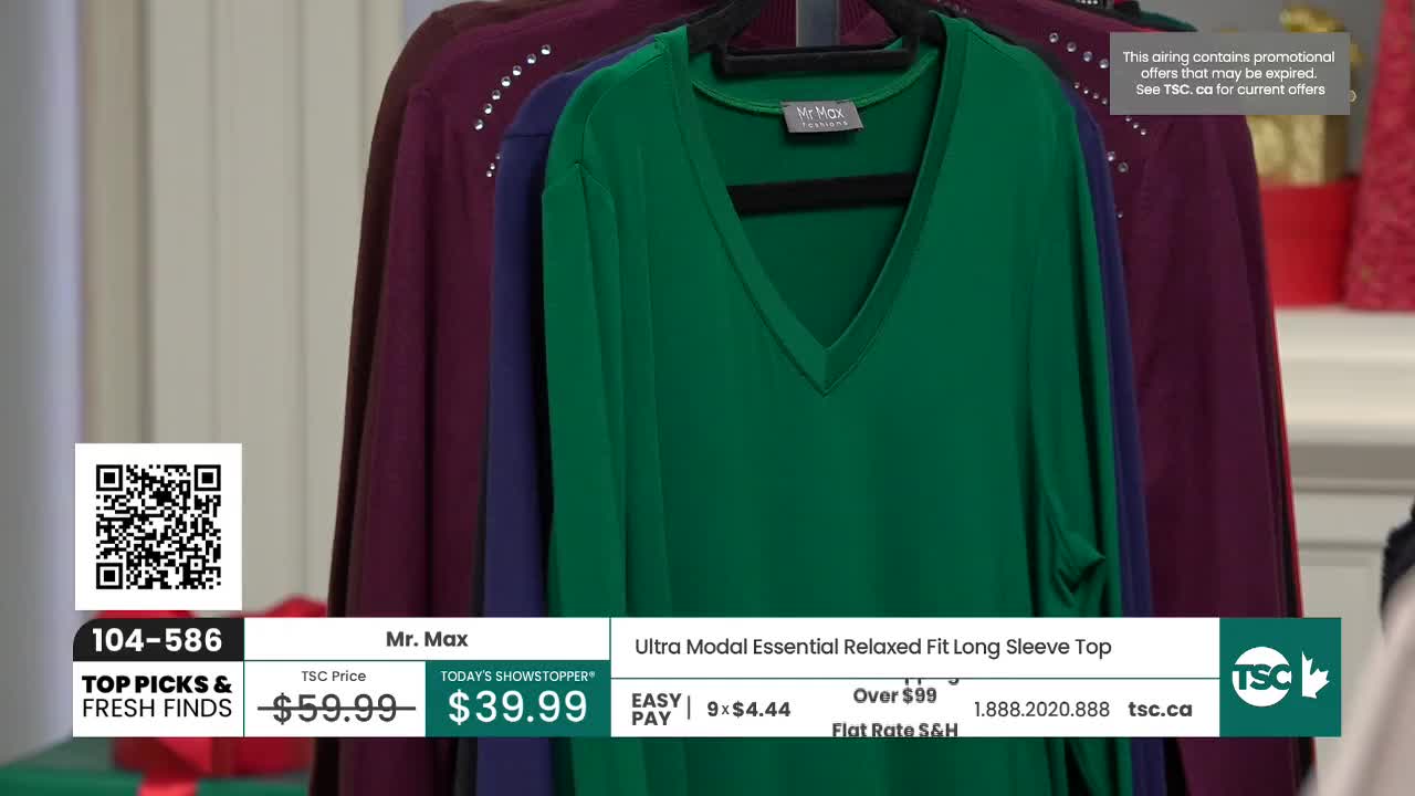 Three long-sleeved tops hang on a rack, the green one in the foreground. The TSC price and showstopper discount are displayed below, along with a QR code for easy ordering.
