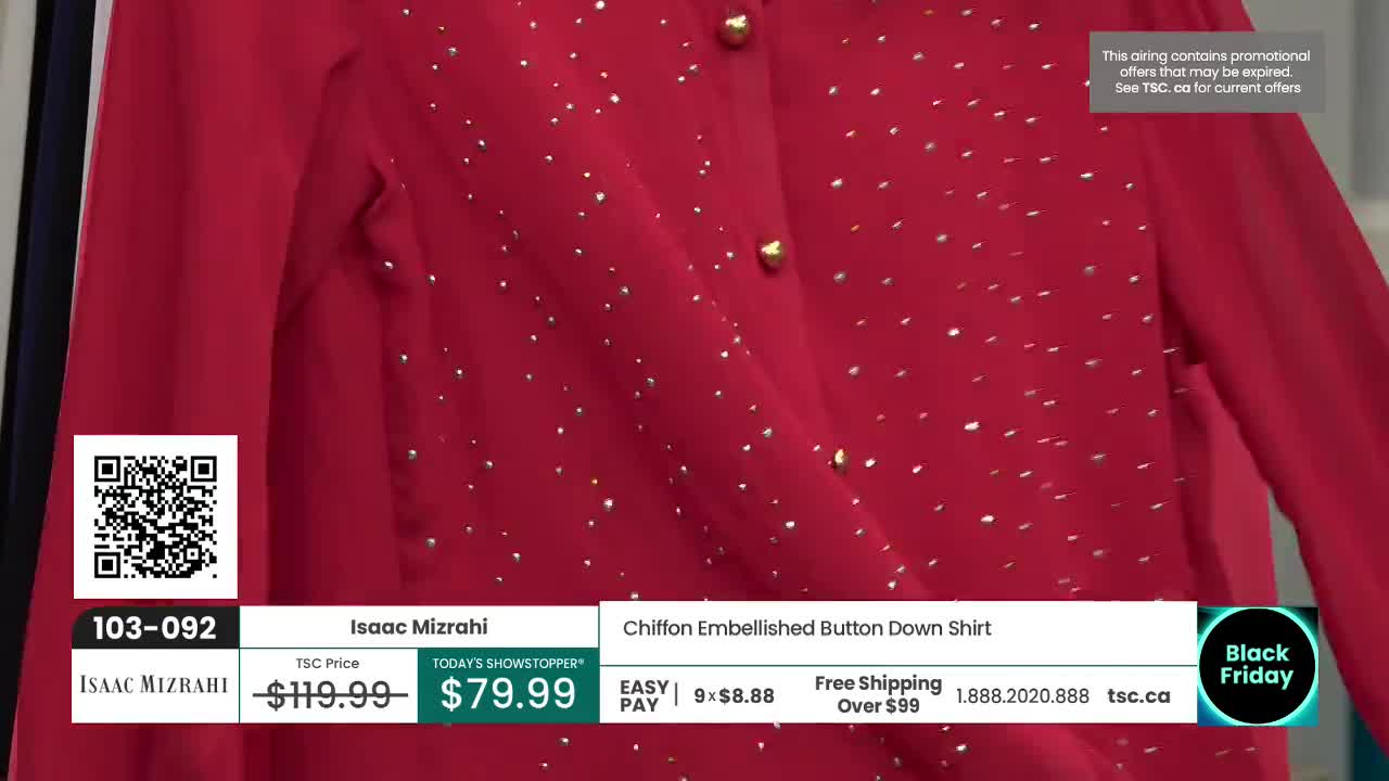 A red, embellished shirt hangs on a rack, its fabric catching the light. The TSC price is on display, advertising a Black Friday deal.
