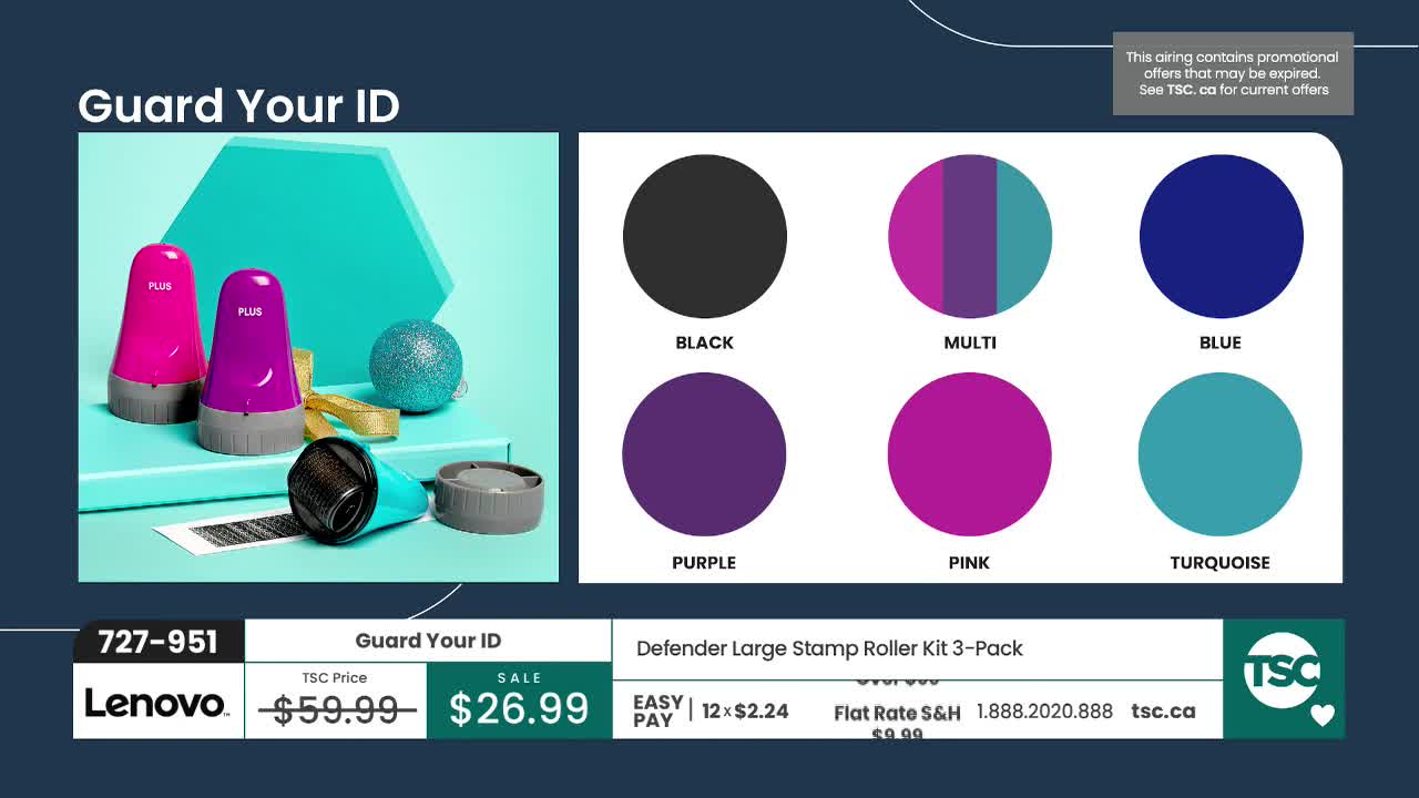 Three colorful ID guard stamps sit on a mint green surface, one of them uncapped and showing its roller. Next to them, swatches of black, multi-colored, blue, purple, pink, and turquoise are displayed.
