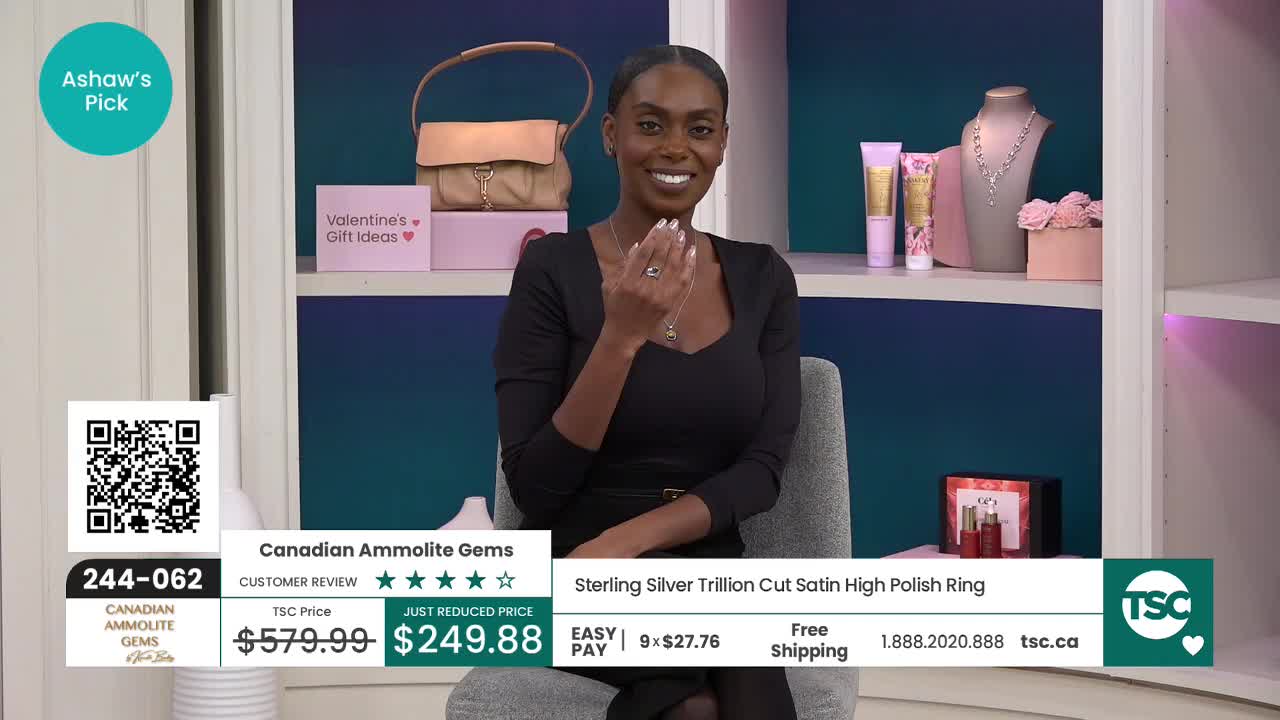 A woman on a set, presenting a ring on her finger, smiles at the camera. On the screen, the product is identified as a Sterling Silver Trillion Cut Satin High Polish Ring, with a reduced price of $249.88 from TSC.