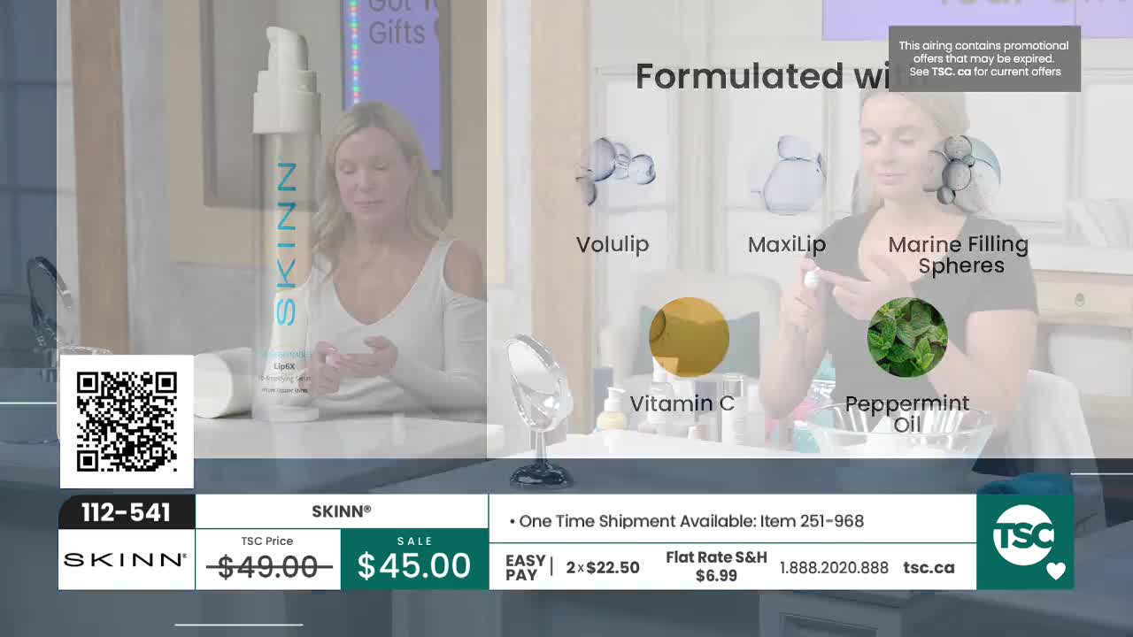 A woman demonstrates a skincare product on TSC, explaining its ingredients like Volulip and Vitamin C. The product is currently on sale for $45.00.