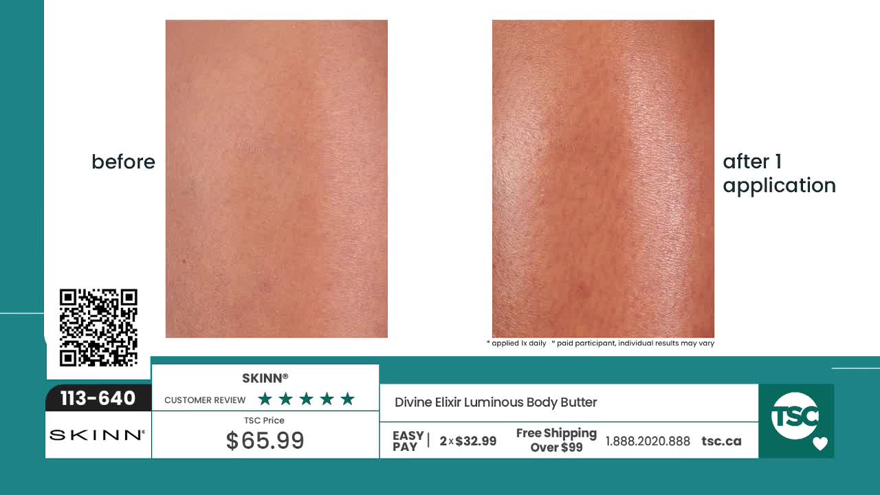 The skin on the left looks dry and textured, while the skin on the right, after one application, appears smoother and more hydrated. This is a demonstration of SKINN Divine Elixir Luminous Body Butter, available on TSC.