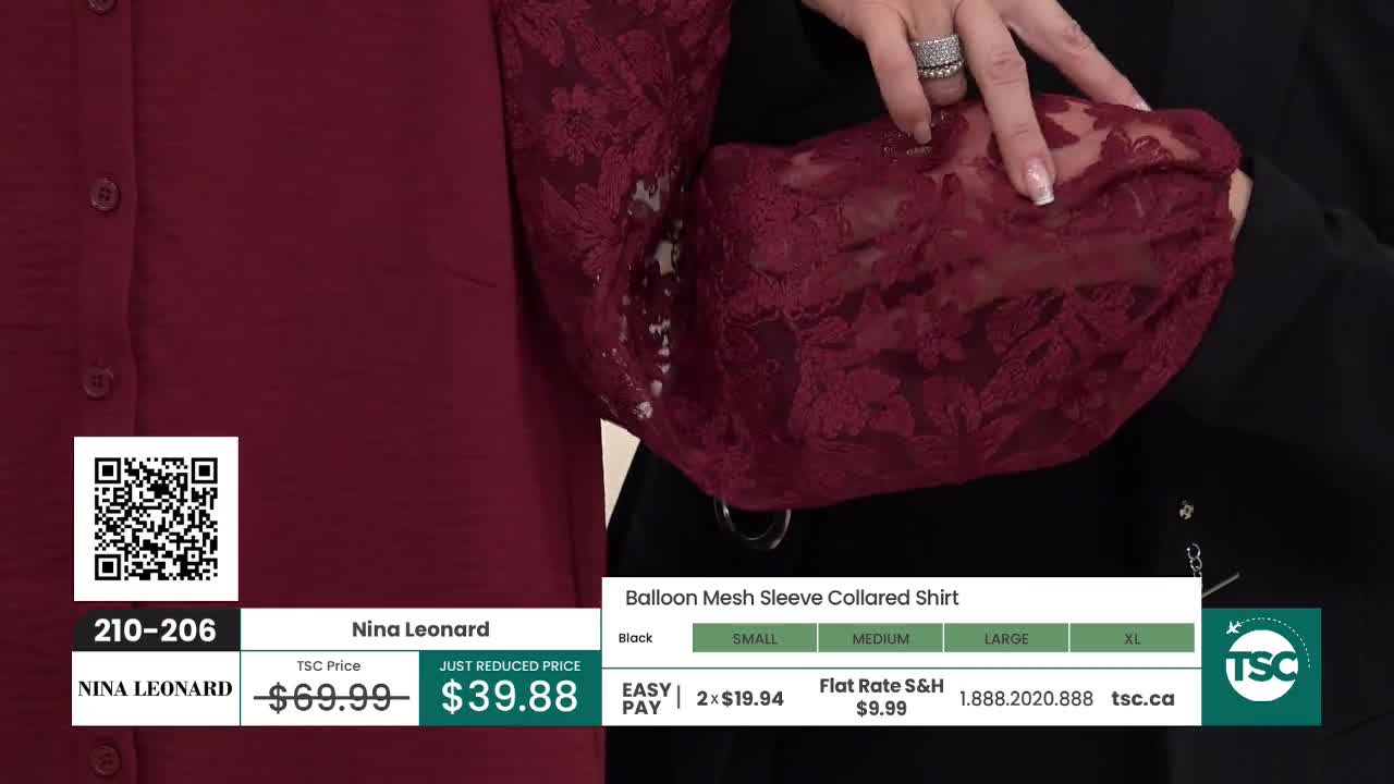 A woman's hands adjust the sheer, patterned sleeve of a maroon shirt. The TSC logo and product details are displayed on screen.