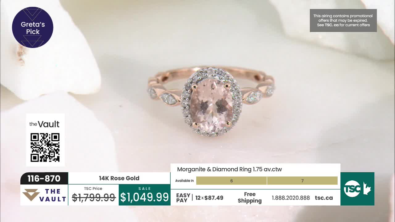 A delicate rose gold ring, featuring an oval morganite center stone surrounded by a halo of diamonds, rests on a soft, white surface. The ring's band is intricately designed with small, marquise-shaped diamond accents.