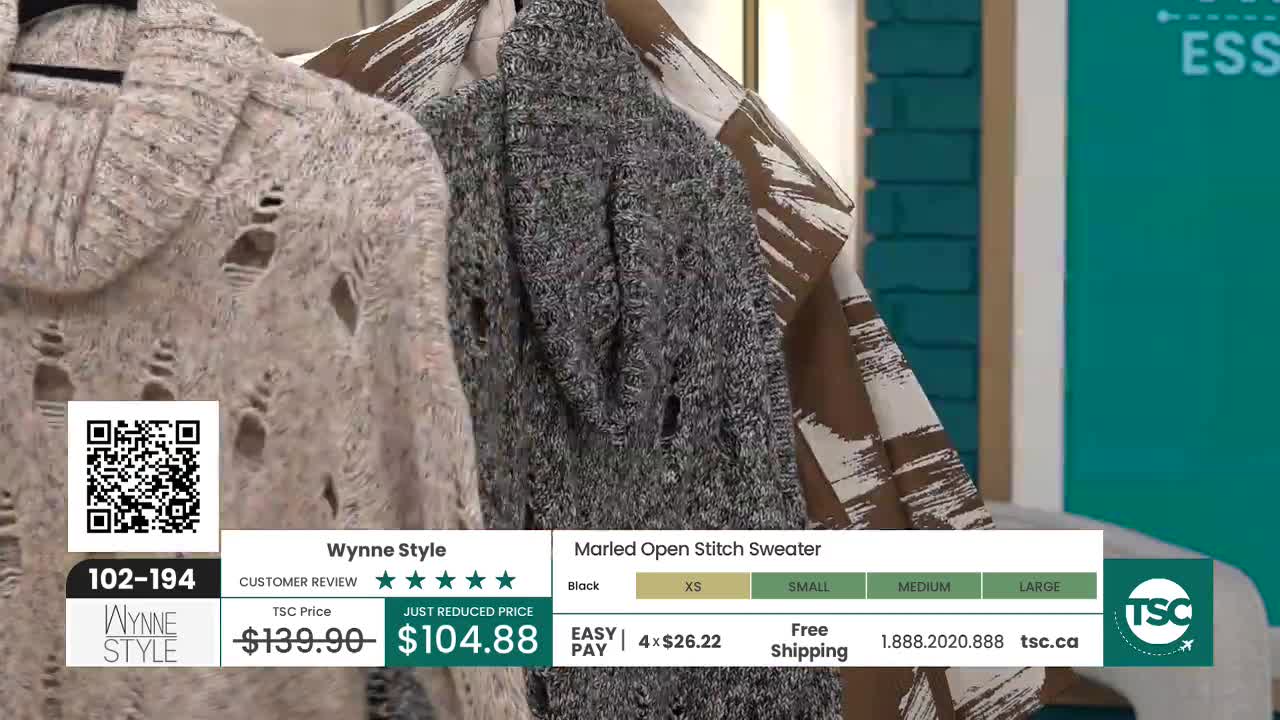 Two distressed knit sweaters hang side-by-side on display. The one on the left is a light beige with a cowl neck, while the one on the right is dark grey with a hood.