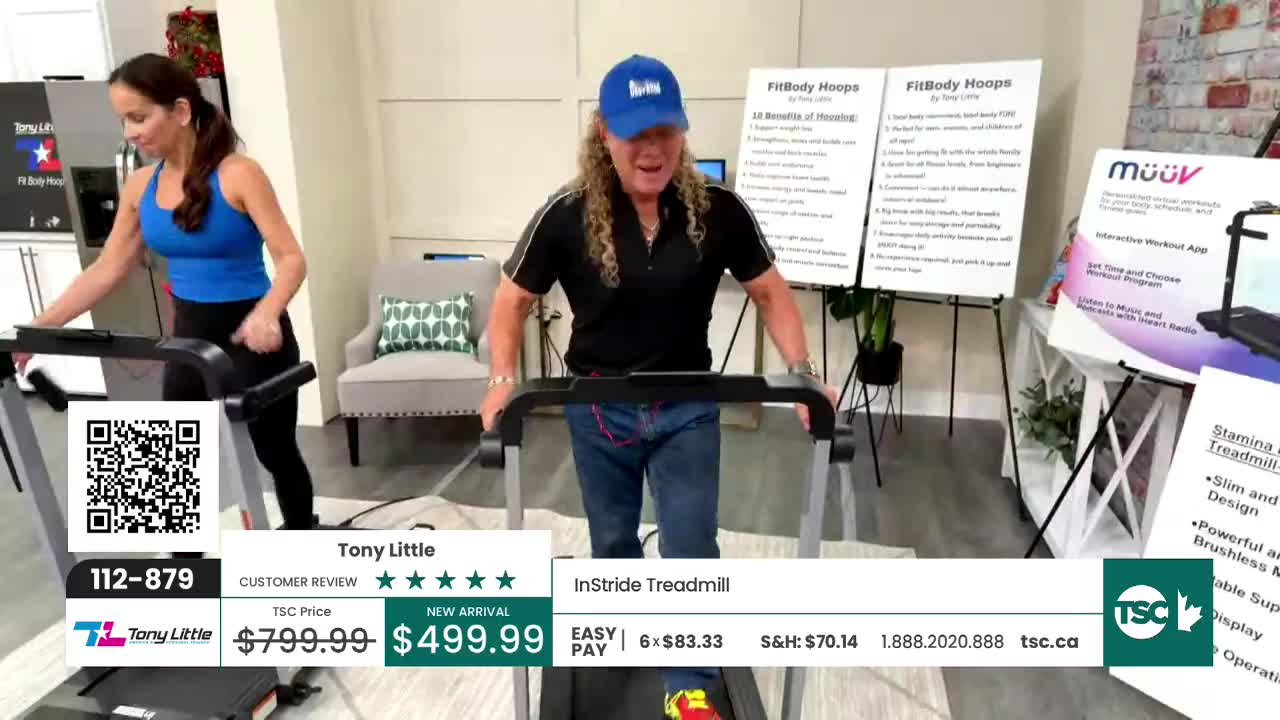 A woman in a blue tank top is walking on a treadmill, while a man in a blue cap and black shirt is jogging on another. They're both on treadmills that look like they're part of a demonstration for TSC.