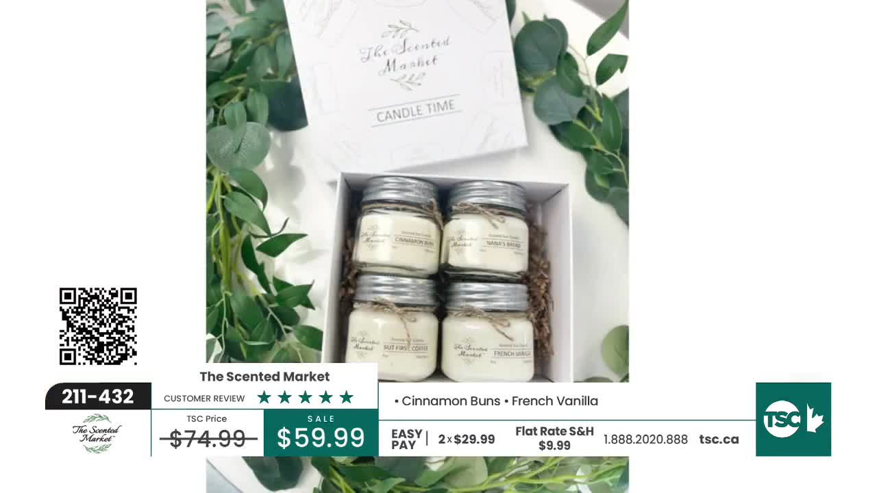 Four small candles sit in a white box, nestled amongst greenery. The Scented Market's logo is visible on the box and the candles.