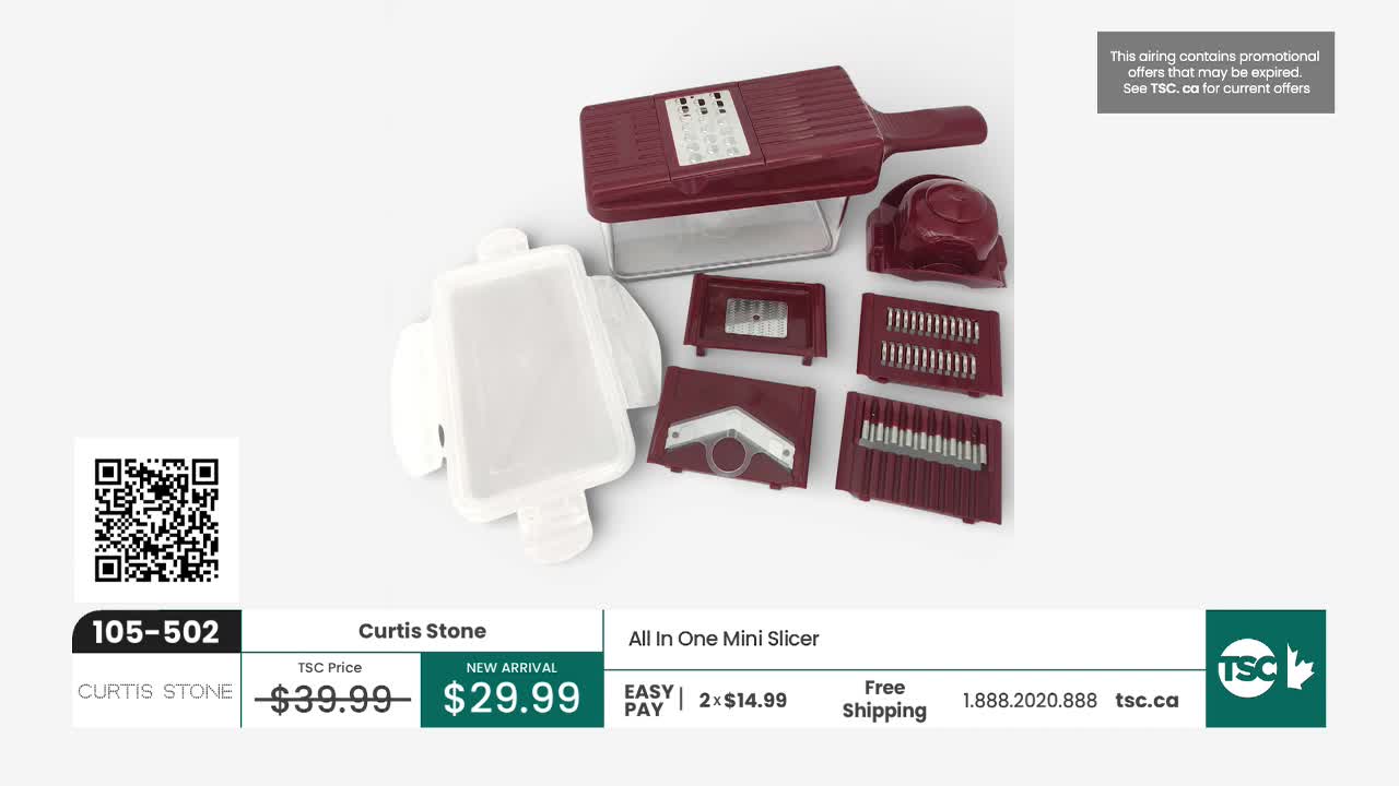 A burgundy and white vegetable slicer sits disassembled on a plain background. The set includes a main unit with a handle, a collection bin, and several interchangeable blades for different cuts.