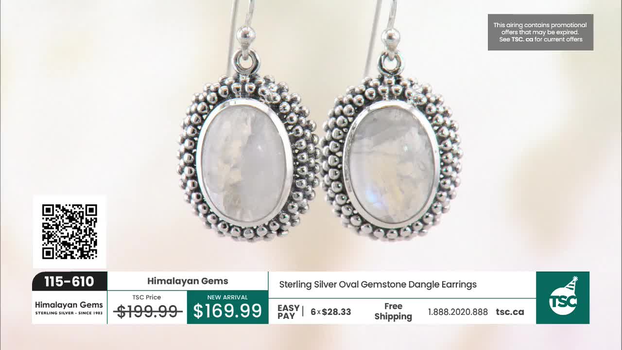 A pair of oval moonstone earrings hangs from silver hooks. The details of Himalayan Gems and pricing flash across the bottom of the screen.
