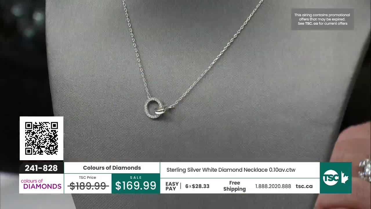 A delicate sterling silver necklace, adorned with a circle of small diamonds, rests on a grey display. The TSC logo and pricing information are visible at the bottom of the screen.