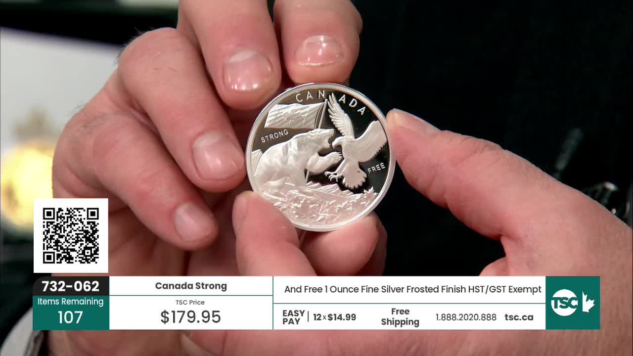 Fingers turn a silver coin, revealing a polar bear and eagle design. The "Canada Strong" inscription is clearly visible.
