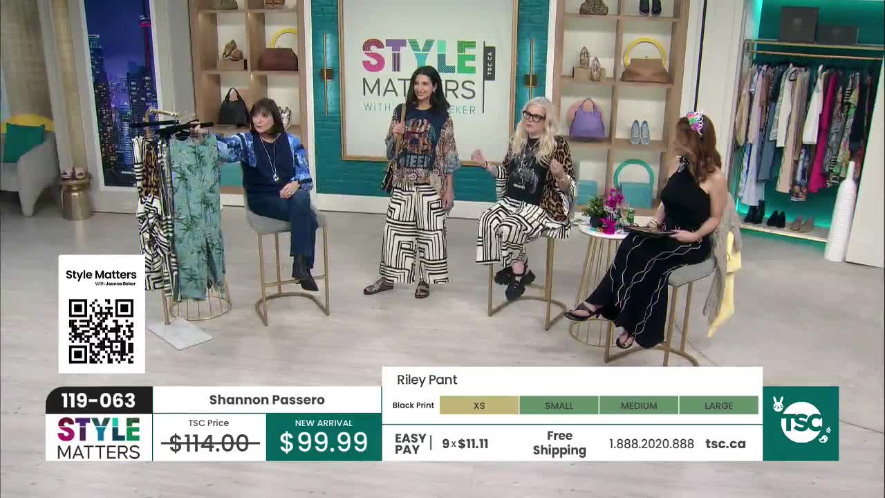 A woman in a patterned top stands, gesturing towards a rack of clothes. To her right, another woman sits, wearing a black and white patterned outfit. Below them, a graphic displays "Riley Pant" with size options and pricing. A woman in a patterned top stands, gesturing towards a rack of clothes. To her right, another woman sits, wearing a black and white patterned outfit. Below them, a graphic displays "Riley Pant" with size options and pricing.