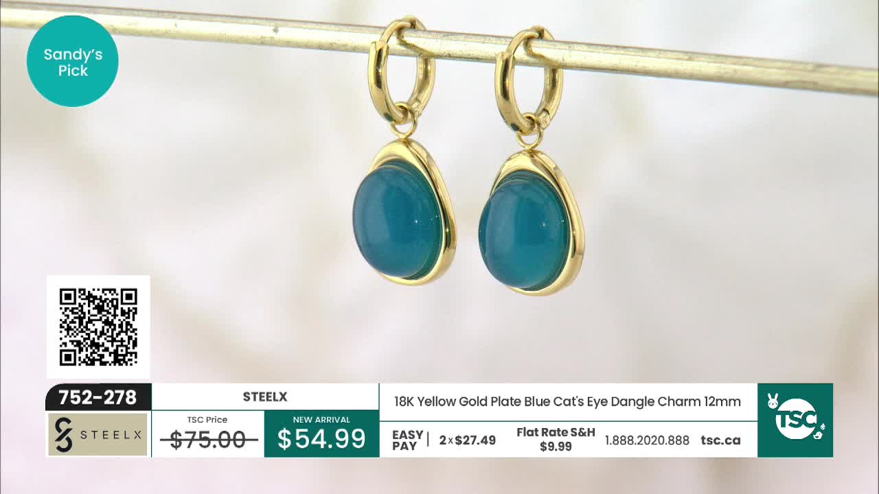 Two gold hoop earrings, each with a teardrop-shaped blue stone, hang from a thin bar. The price for these 18K yellow gold plate charms is $54.99. Two gold hoop earrings, each with a teardrop-shaped blue stone, hang from a thin bar. The price for these 18K yellow gold plate charms is $54.99.