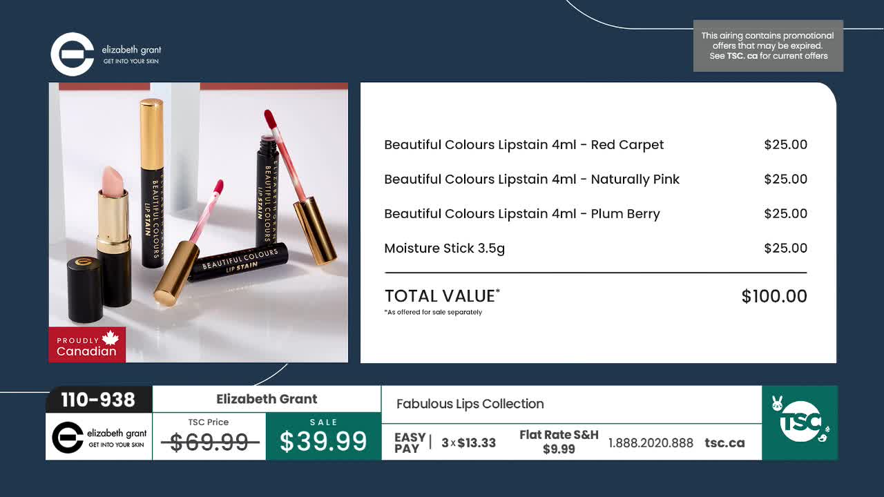 Four Elizabeth Grant lip products sit on a white surface, including a lipstick and three lip stains. A graphic displays the "Fabulous Lips Collection" for $39.99, a significant discount from its original price. Four Elizabeth Grant lip products sit on a white surface, including a lipstick and three lip stains. A graphic displays the "Fabulous Lips Collection" for $39.99, a significant discount from its original price.