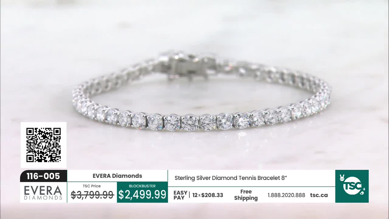 A sterling silver tennis bracelet, sparkling with diamonds, rests on a marbled surface. The TSC logo and pricing information are displayed at the bottom. A sterling silver tennis bracelet, sparkling with diamonds, rests on a marbled surface. The TSC logo and pricing information are displayed at the bottom.