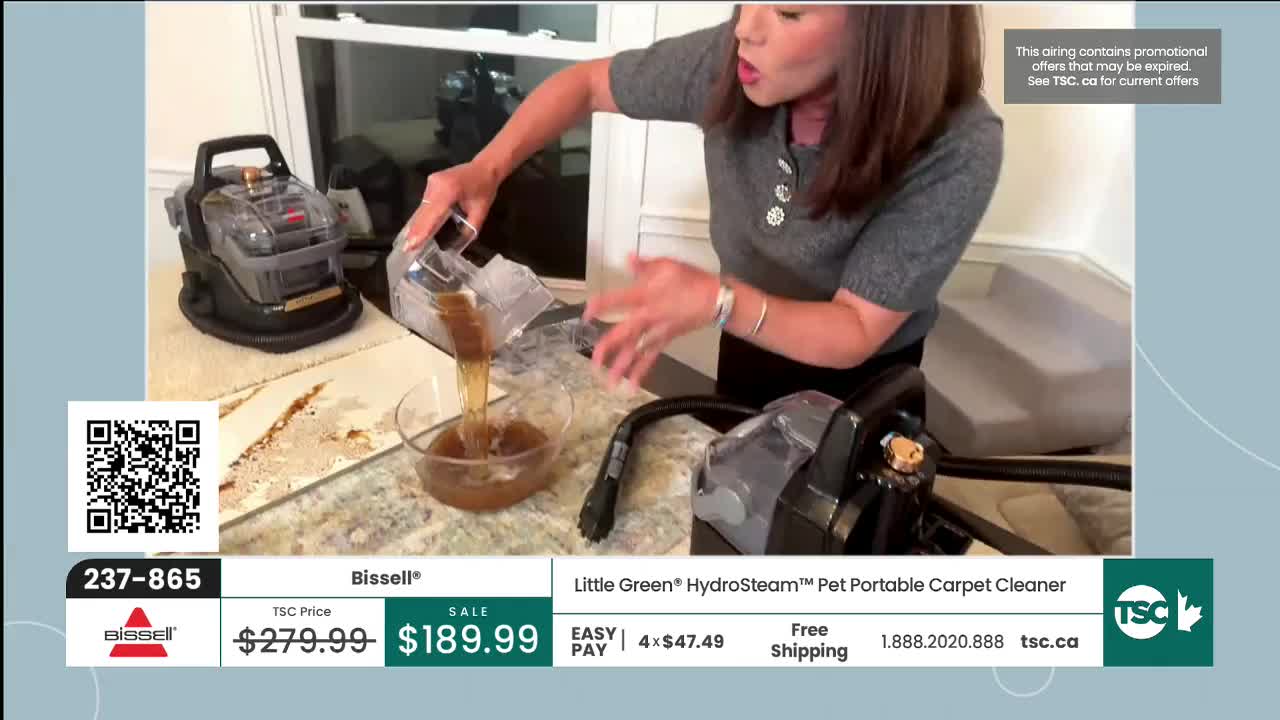 A woman pours murky water from a Bissell portable carpet cleaner into a glass bowl. The cleaner sits on a speckled countertop next to a window. A woman pours murky water from a Bissell portable carpet cleaner into a glass bowl. The cleaner sits on a speckled countertop next to a window.